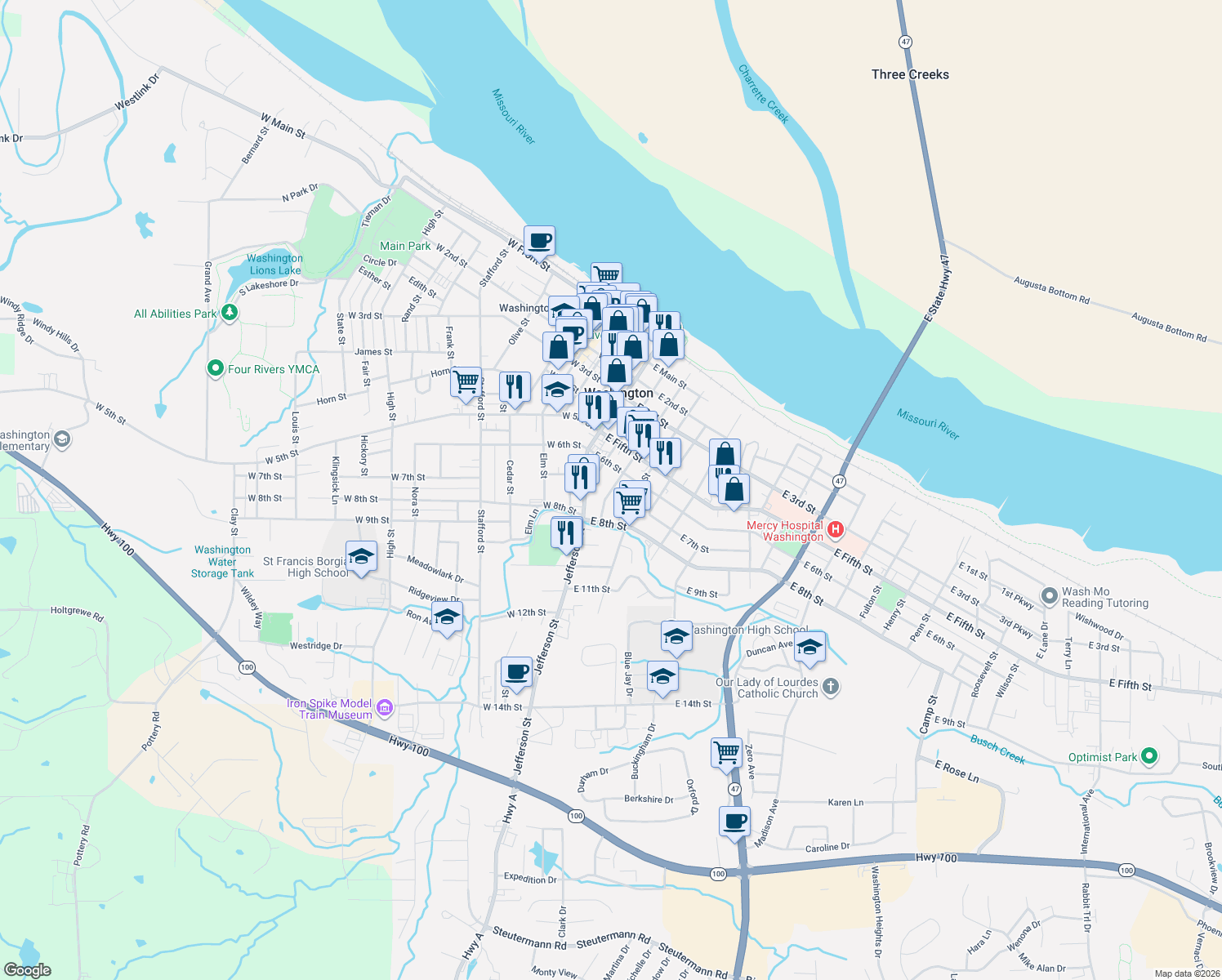 map of restaurants, bars, coffee shops, grocery stores, and more near 623 Walnut Street in Washington
