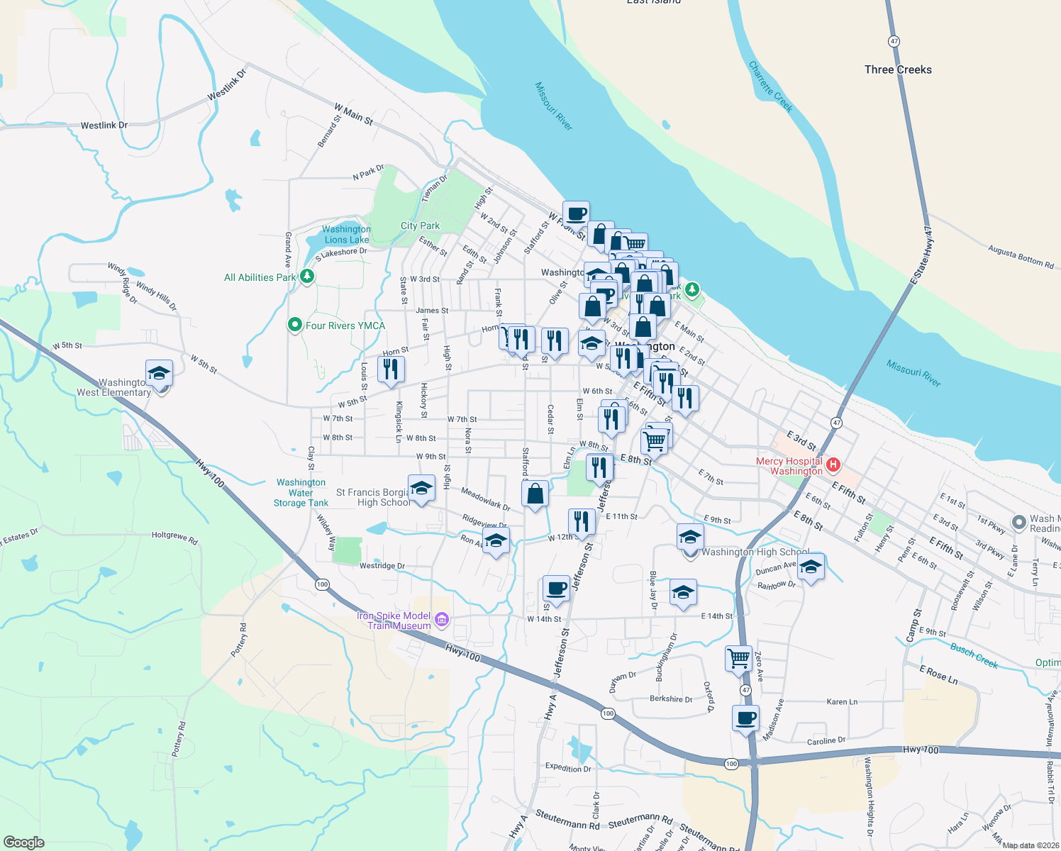 map of restaurants, bars, coffee shops, grocery stores, and more near 710 Stafford Street in Washington
