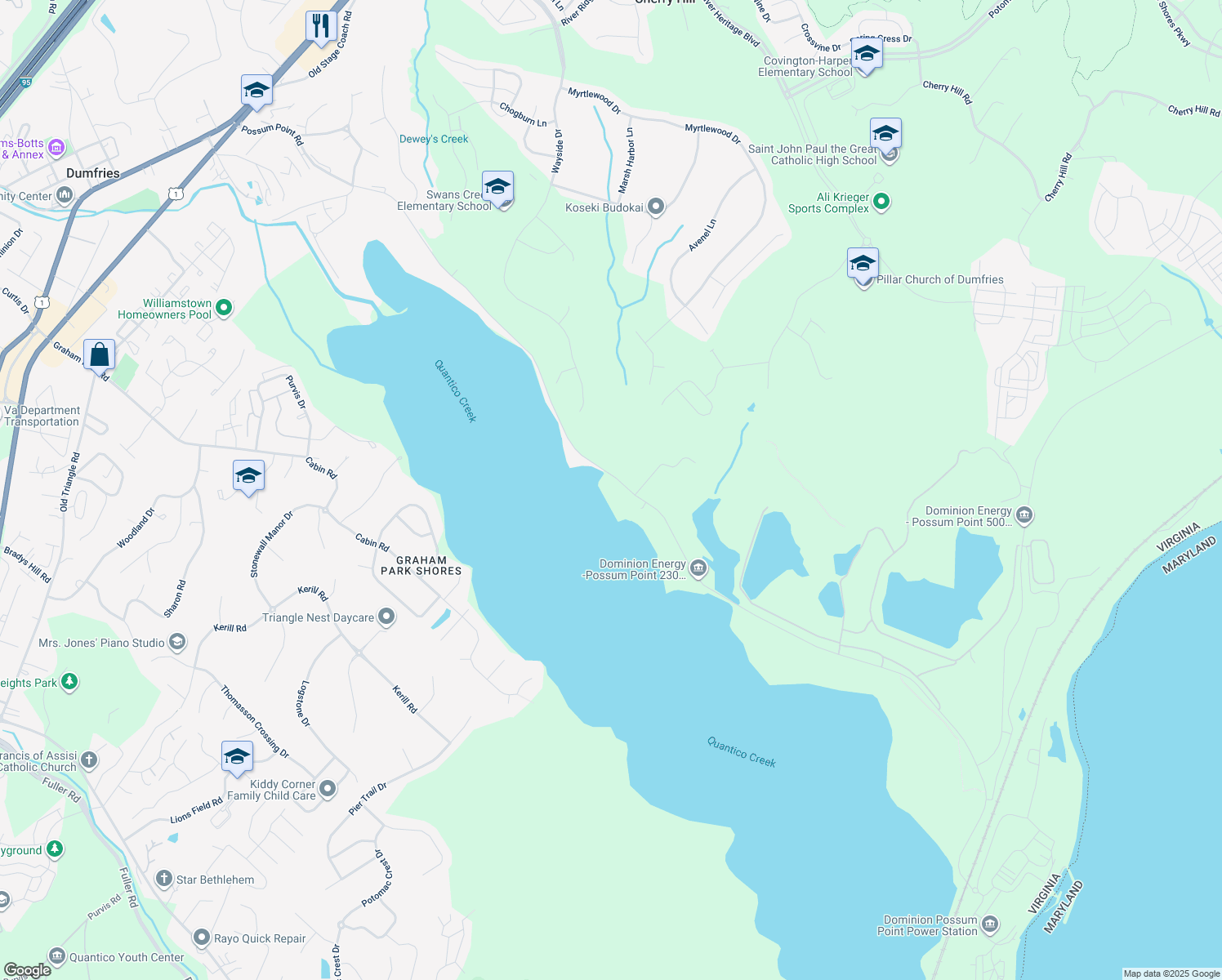 map of restaurants, bars, coffee shops, grocery stores, and more near 18208 Possum Point Road in Dumfries