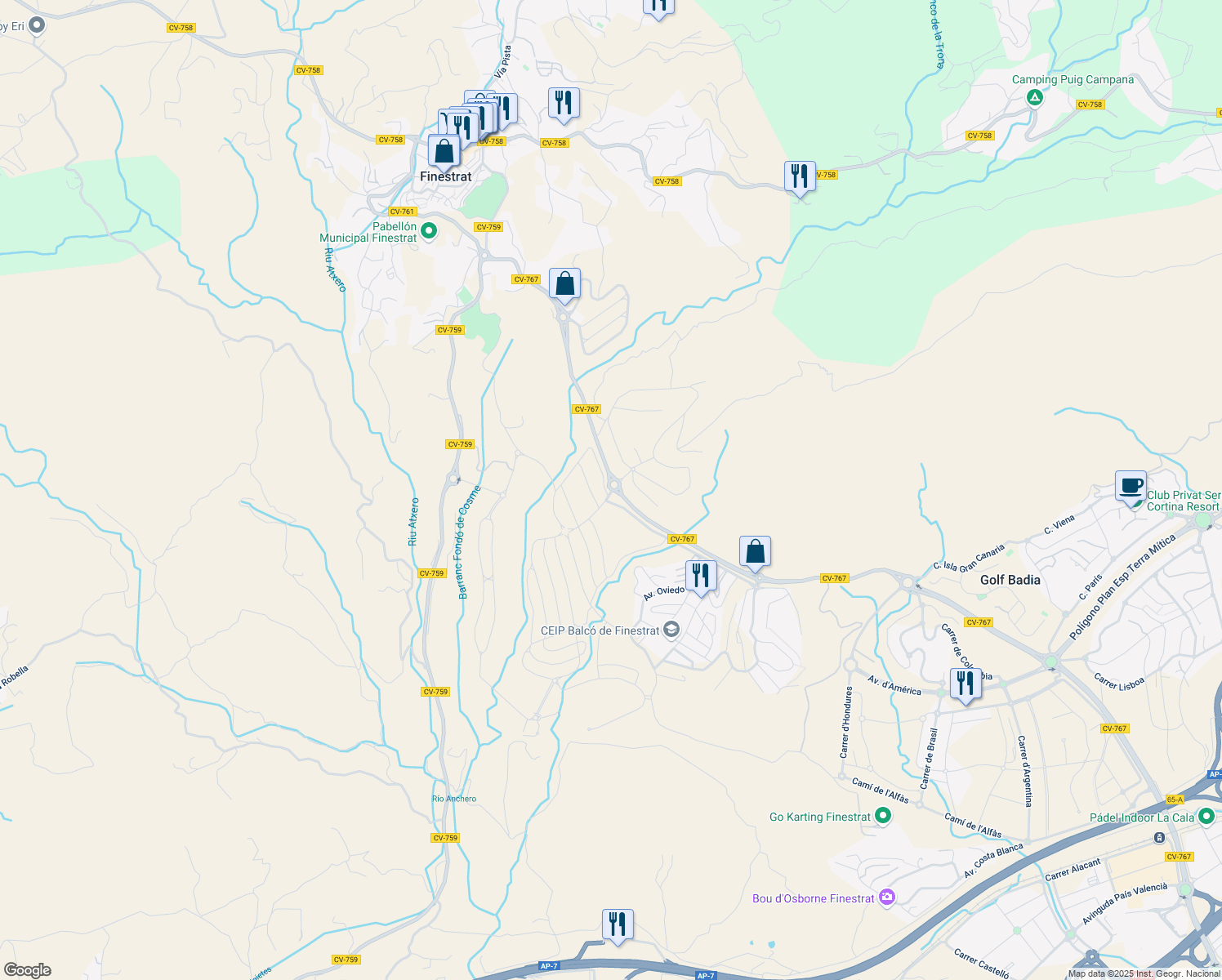 map of restaurants, bars, coffee shops, grocery stores, and more near 17 Plaça Alfarella. Sector 13 in Finestrat