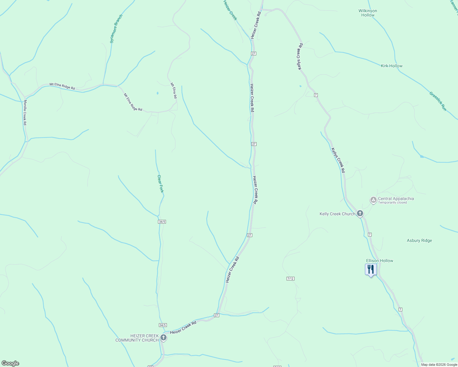 map of restaurants, bars, coffee shops, grocery stores, and more near 185 Heizer Creek Road in Poca