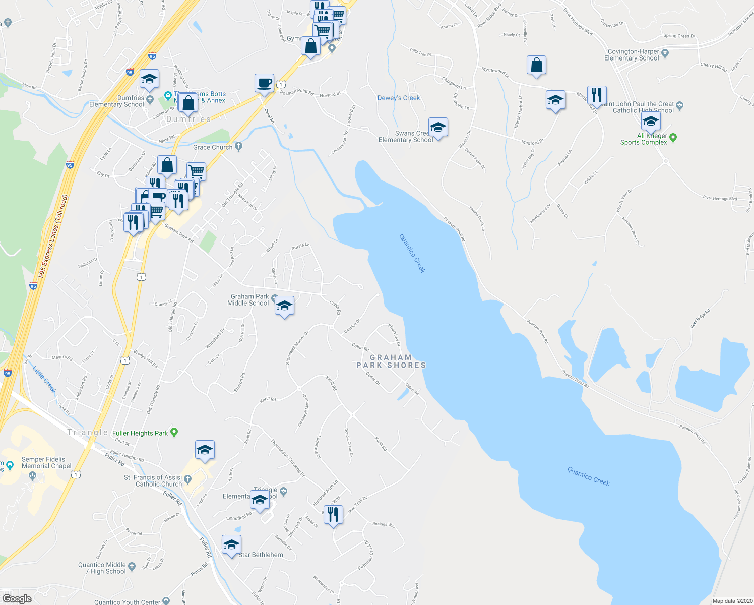 map of restaurants, bars, coffee shops, grocery stores, and more near 18307 Candice Dr in Triangle