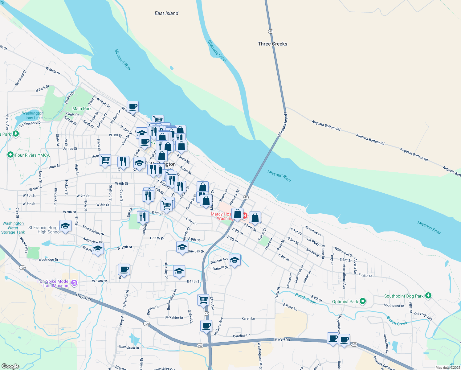 map of restaurants, bars, coffee shops, grocery stores, and more near 702 Missouri Avenue in Washington