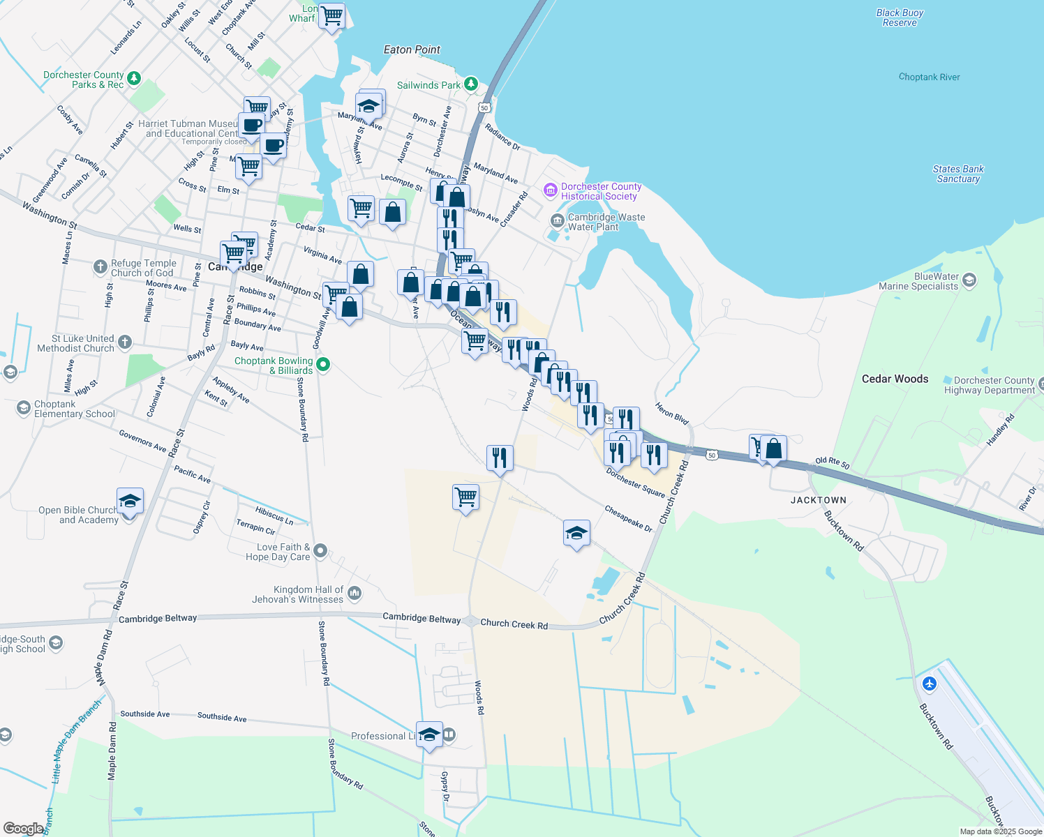map of restaurants, bars, coffee shops, grocery stores, and more near 857 Woods Rd in Cambridge
