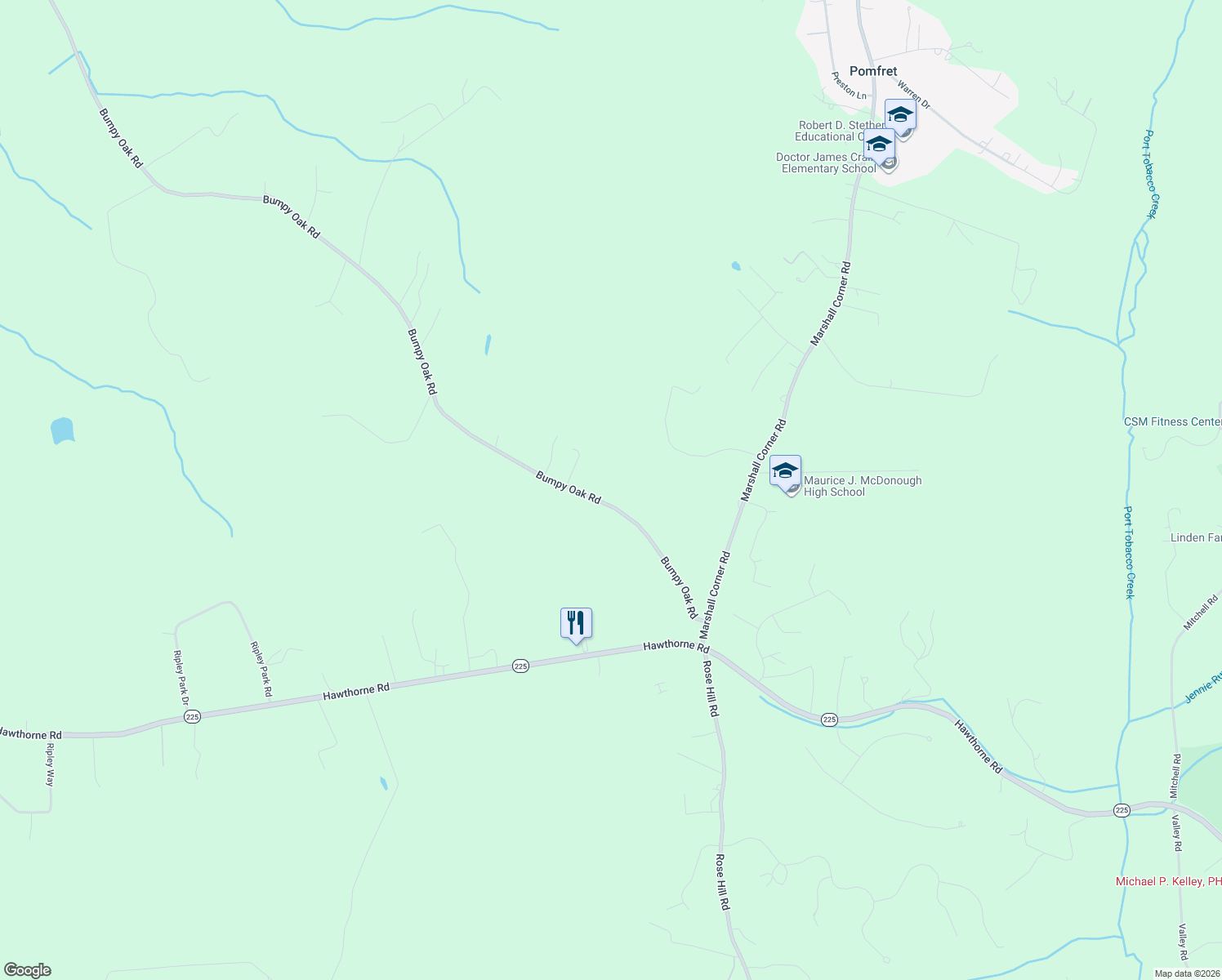 map of restaurants, bars, coffee shops, grocery stores, and more near 7710 Bumpy Oak Road in La Plata