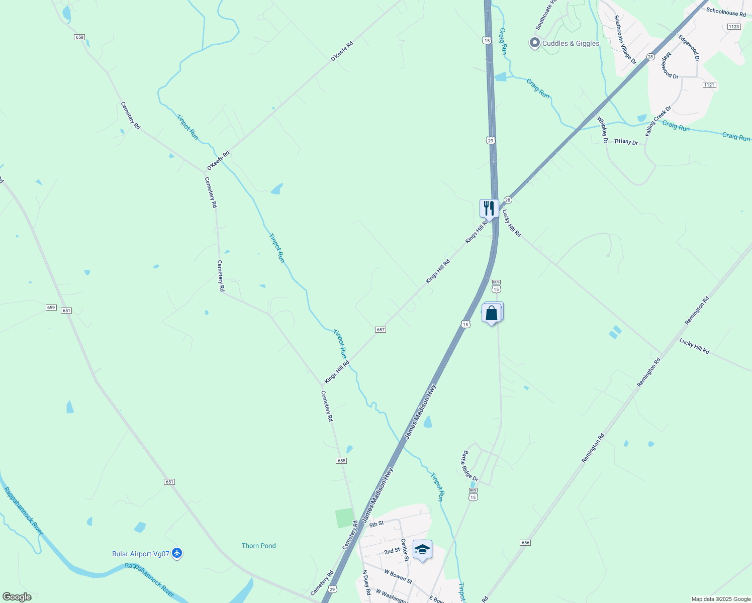 map of restaurants, bars, coffee shops, grocery stores, and more near 11481 Tilia Lane in Bealeton