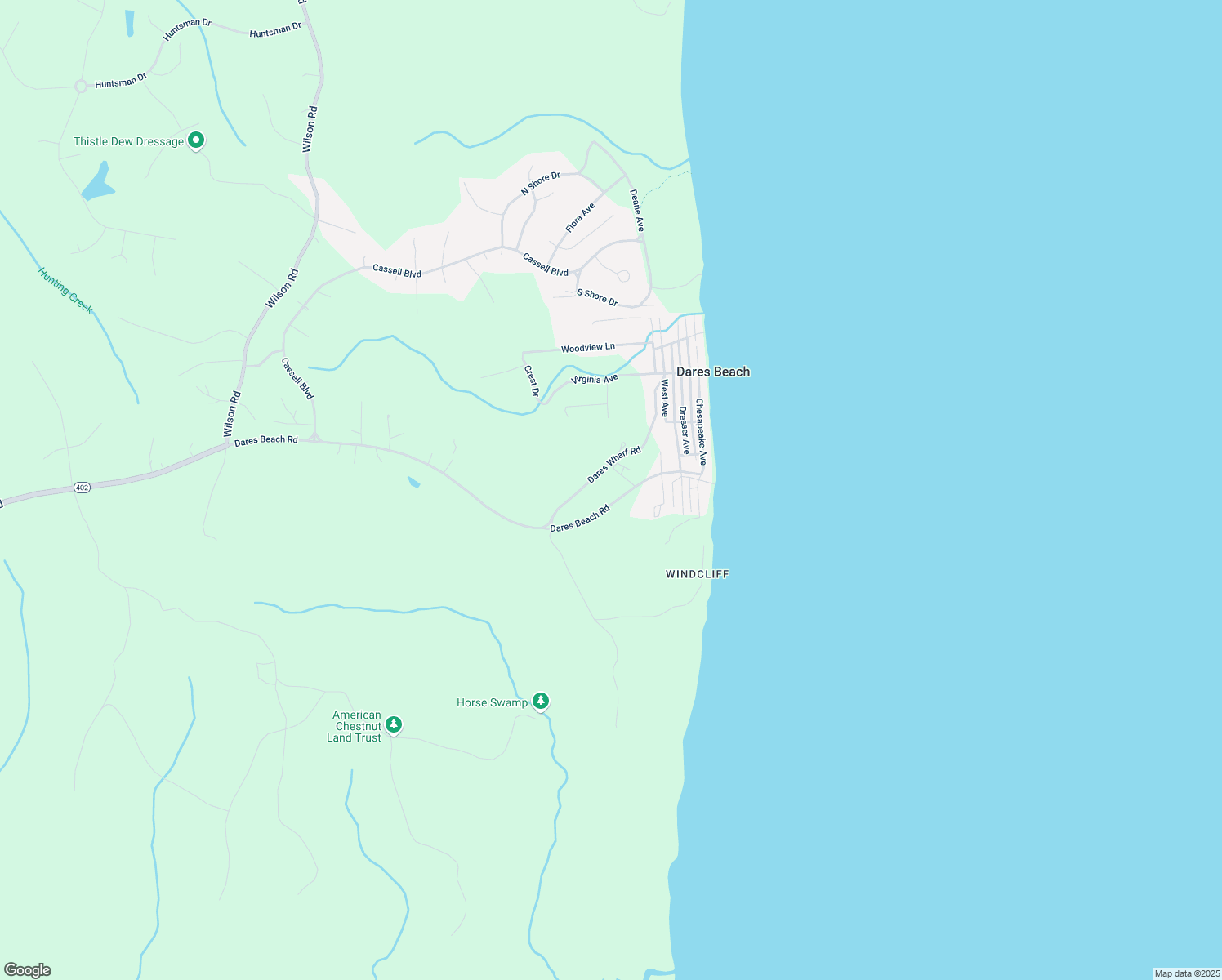 map of restaurants, bars, coffee shops, grocery stores, and more near 4500 Dares Beach Road in Prince Frederick