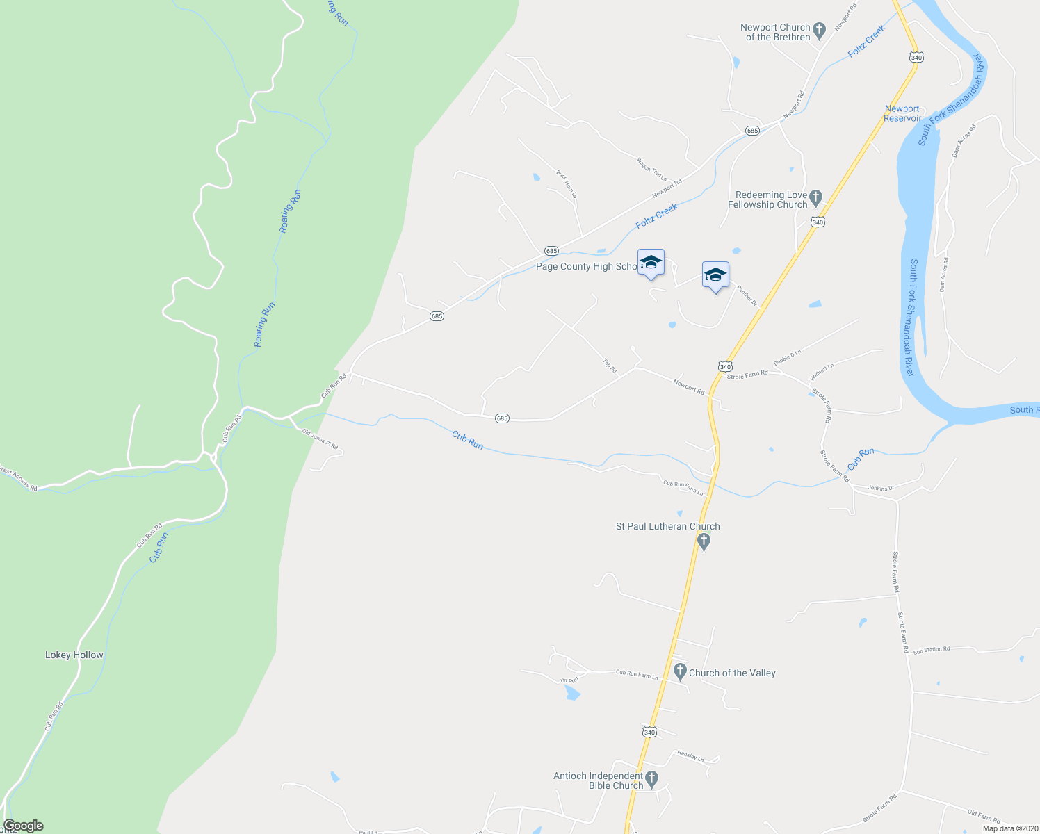 map of restaurants, bars, coffee shops, grocery stores, and more near 3023 Newport Road in Shenandoah