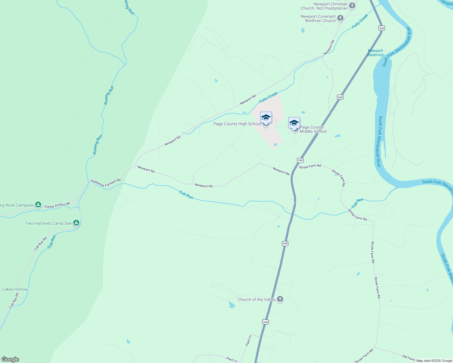 map of restaurants, bars, coffee shops, grocery stores, and more near 3233 Newport Road in Shenandoah