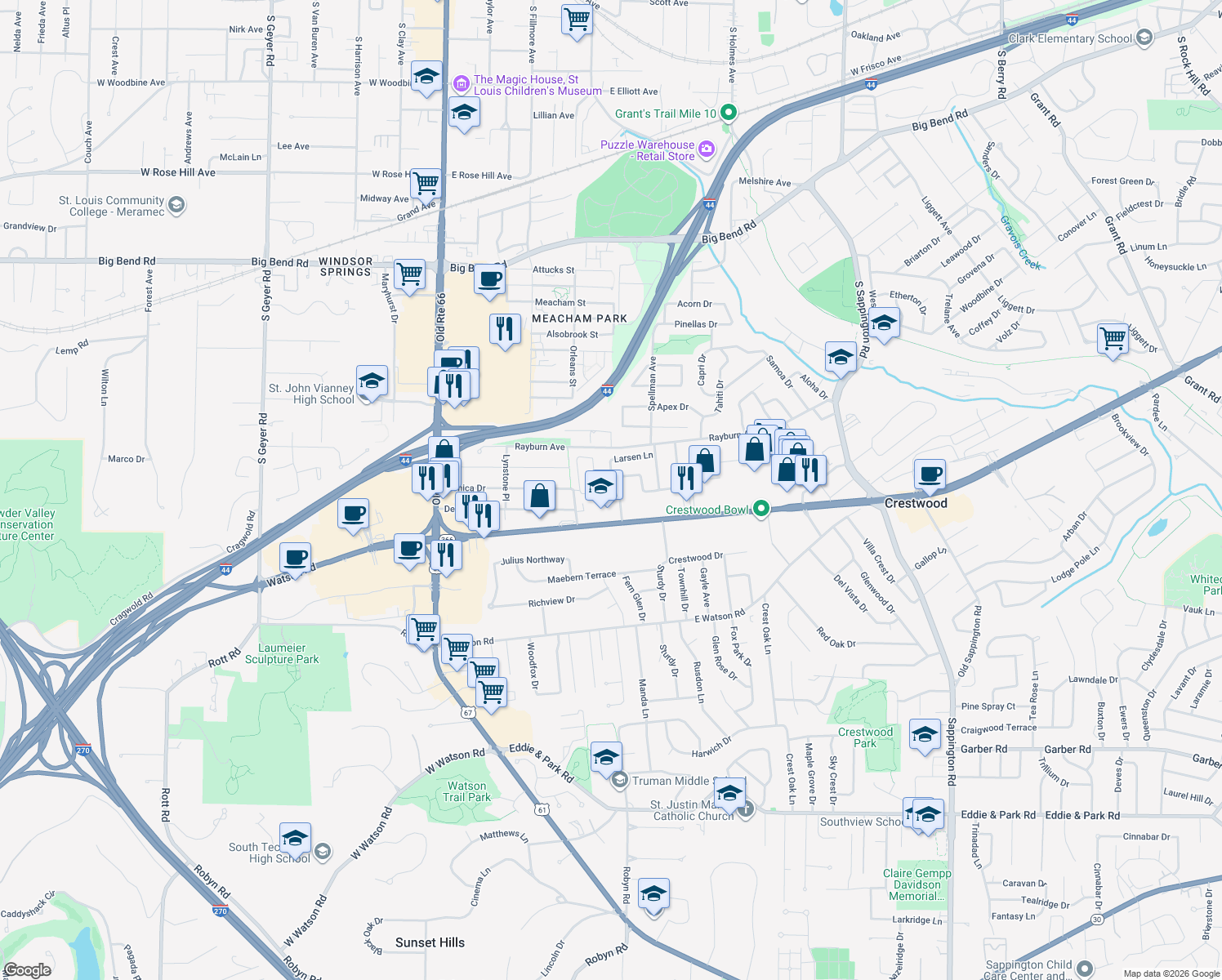 map of restaurants, bars, coffee shops, grocery stores, and more near 1503 Starling Drive in Saint Louis