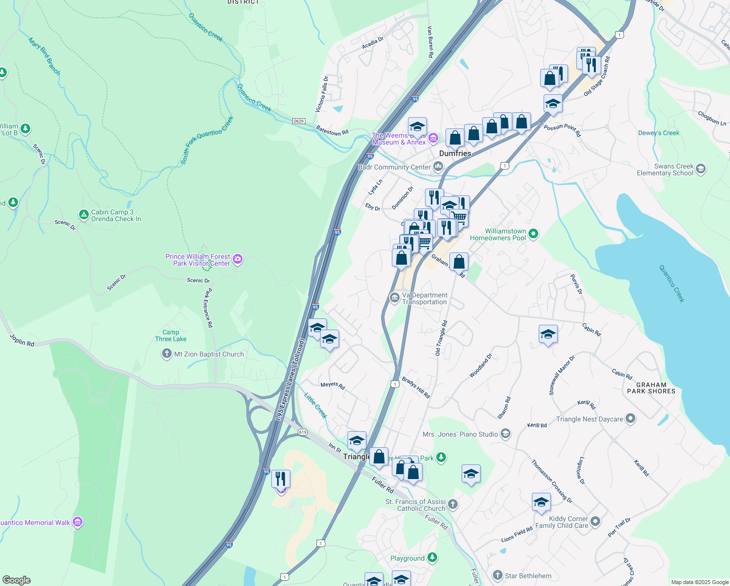 map of restaurants, bars, coffee shops, grocery stores, and more near 18160 Tebbs Lane in Dumfries