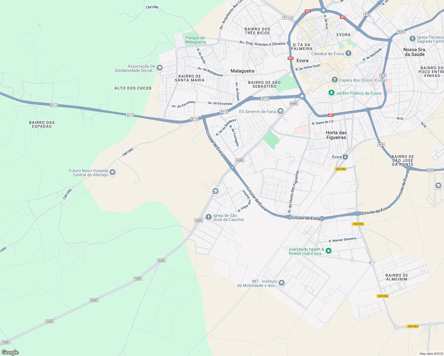 map of restaurants, bars, coffee shops, grocery stores, and more near N380 in Evora