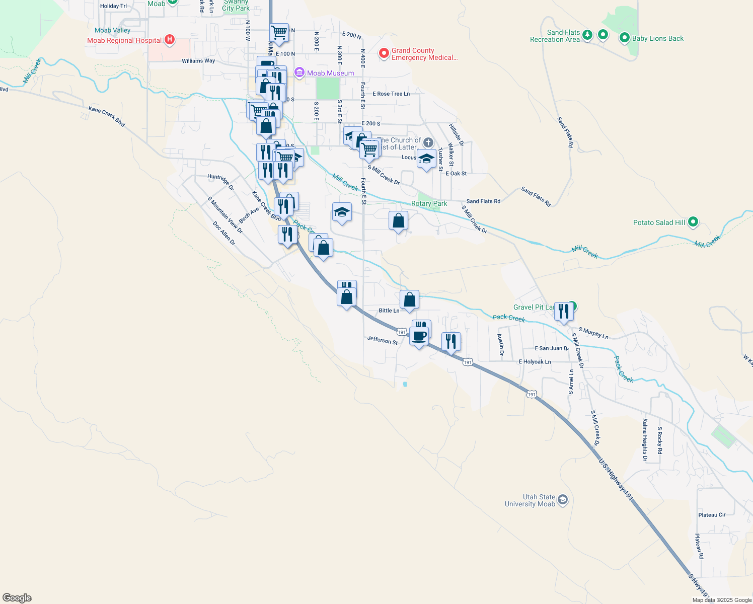 map of restaurants, bars, coffee shops, grocery stores, and more near 445 Minor Court in Moab