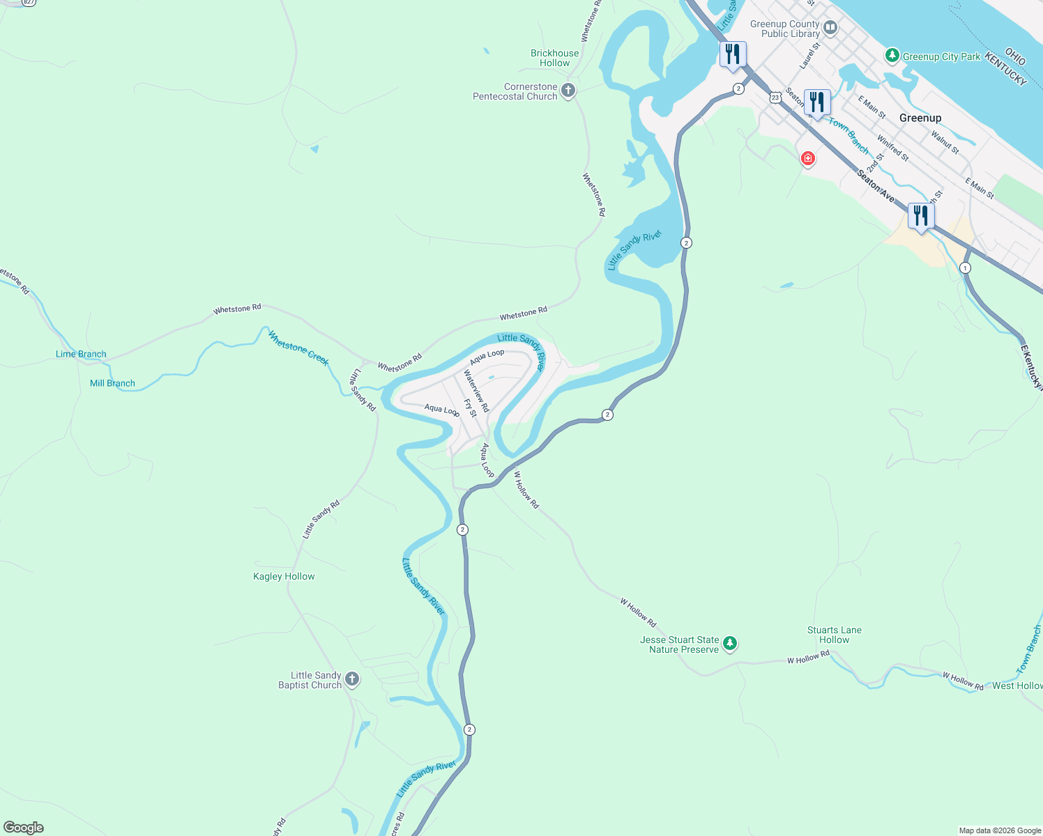 map of restaurants, bars, coffee shops, grocery stores, and more near Treasure Cove Rd in Greenup