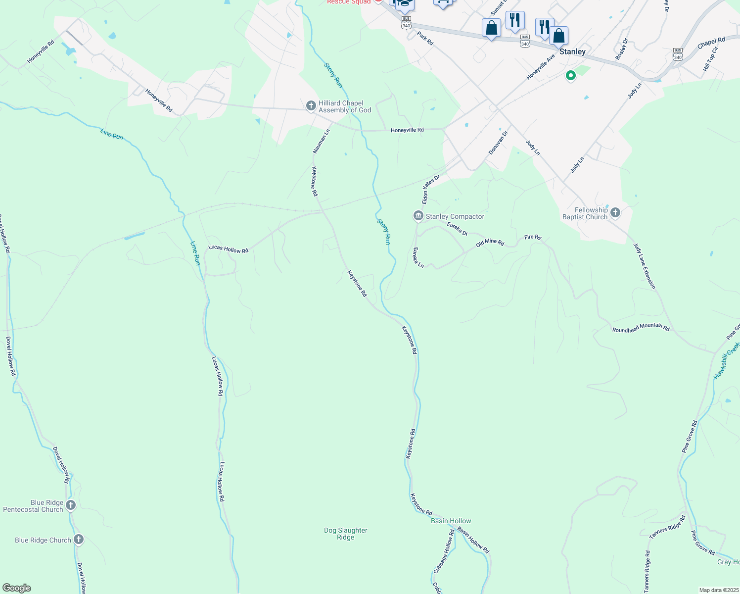 map of restaurants, bars, coffee shops, grocery stores, and more near 827 Keystone Road in Stanley