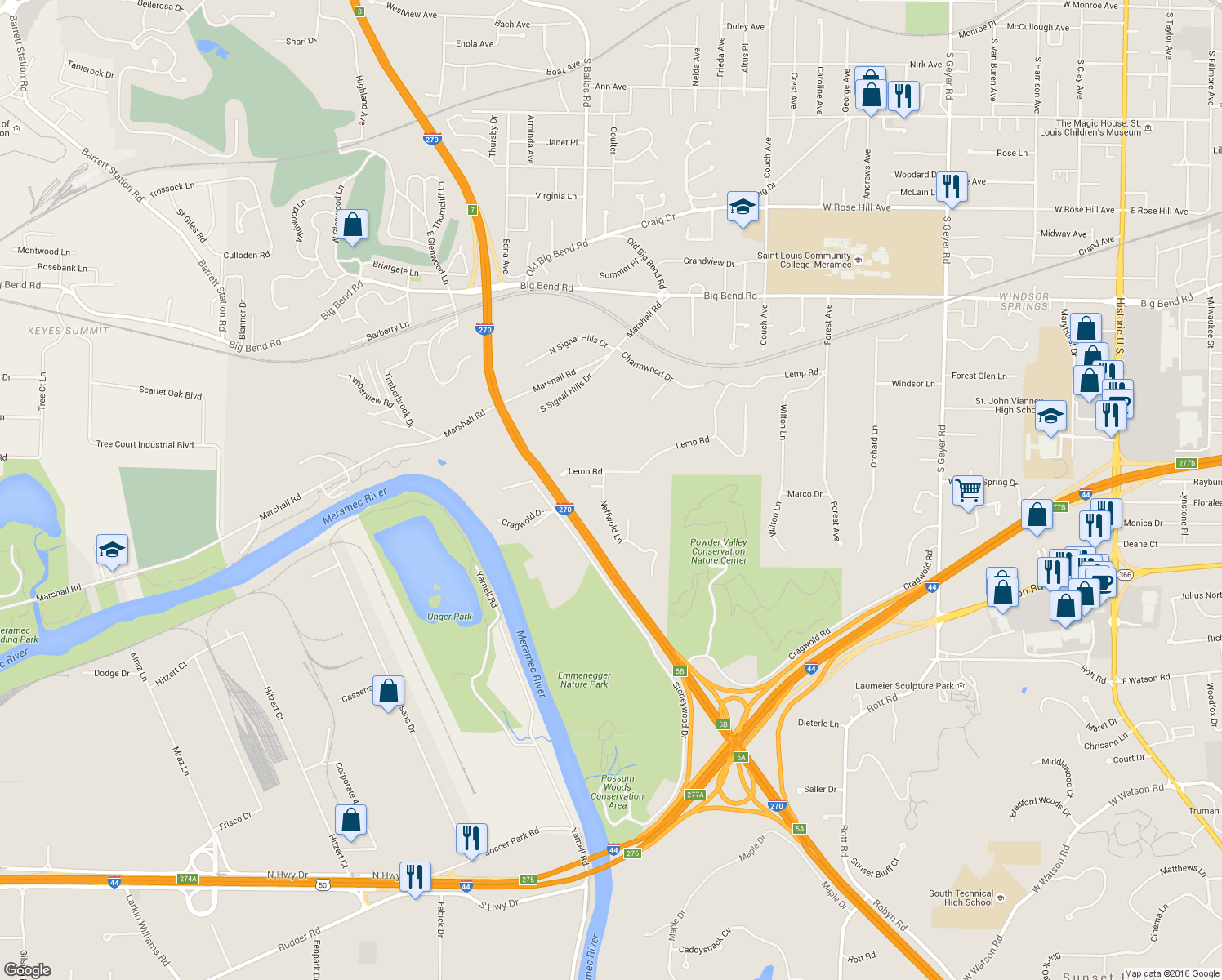map of restaurants, bars, coffee shops, grocery stores, and more near 1406 Neffwold Lane in Kirkwood