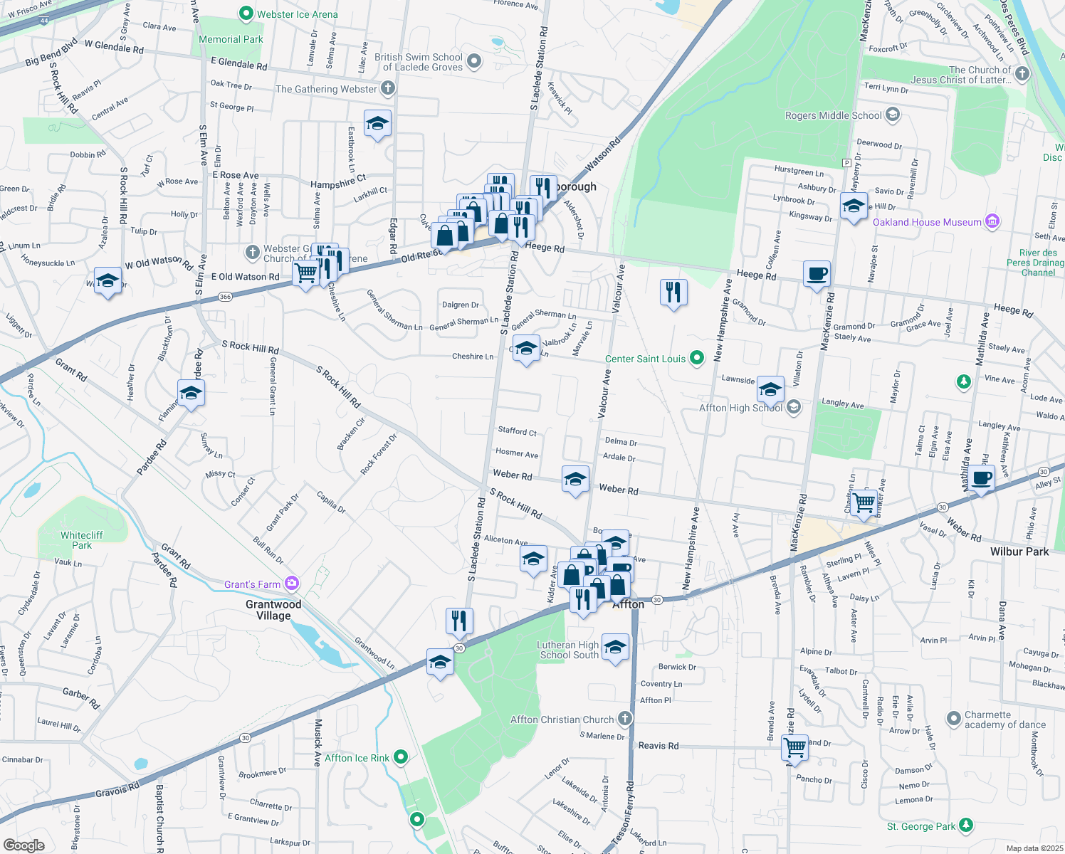 map of restaurants, bars, coffee shops, grocery stores, and more near 7113 Stafford Court in Affton