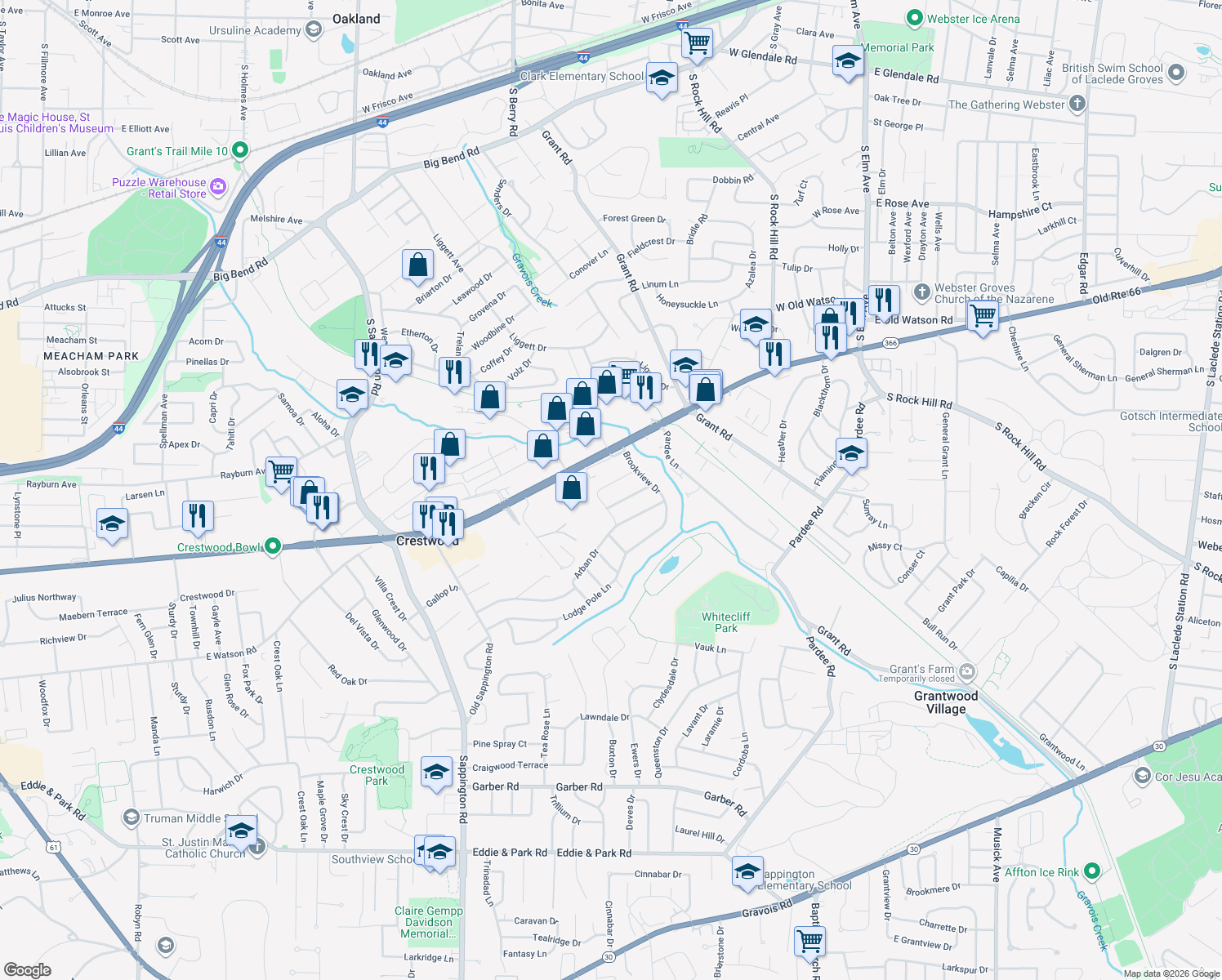 map of restaurants, bars, coffee shops, grocery stores, and more near 9238 Lurline Drive in Saint Louis