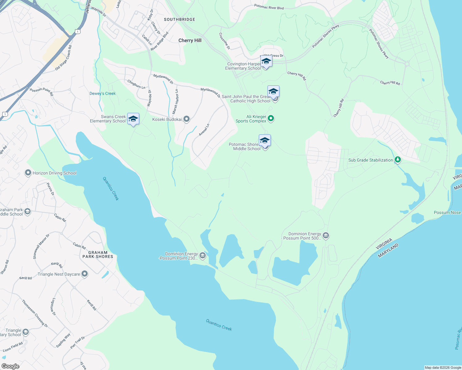 map of restaurants, bars, coffee shops, grocery stores, and more near 18021 Woods View Drive in Dumfries