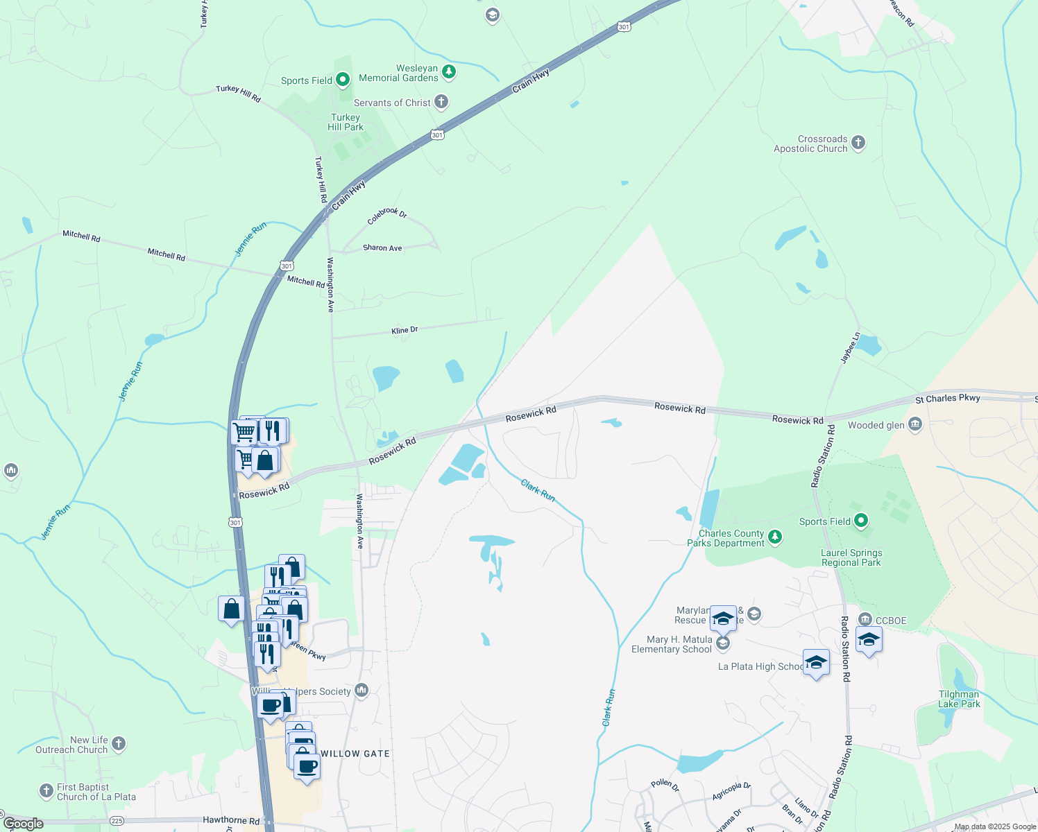 map of restaurants, bars, coffee shops, grocery stores, and more near Rosewick Road in La Plata