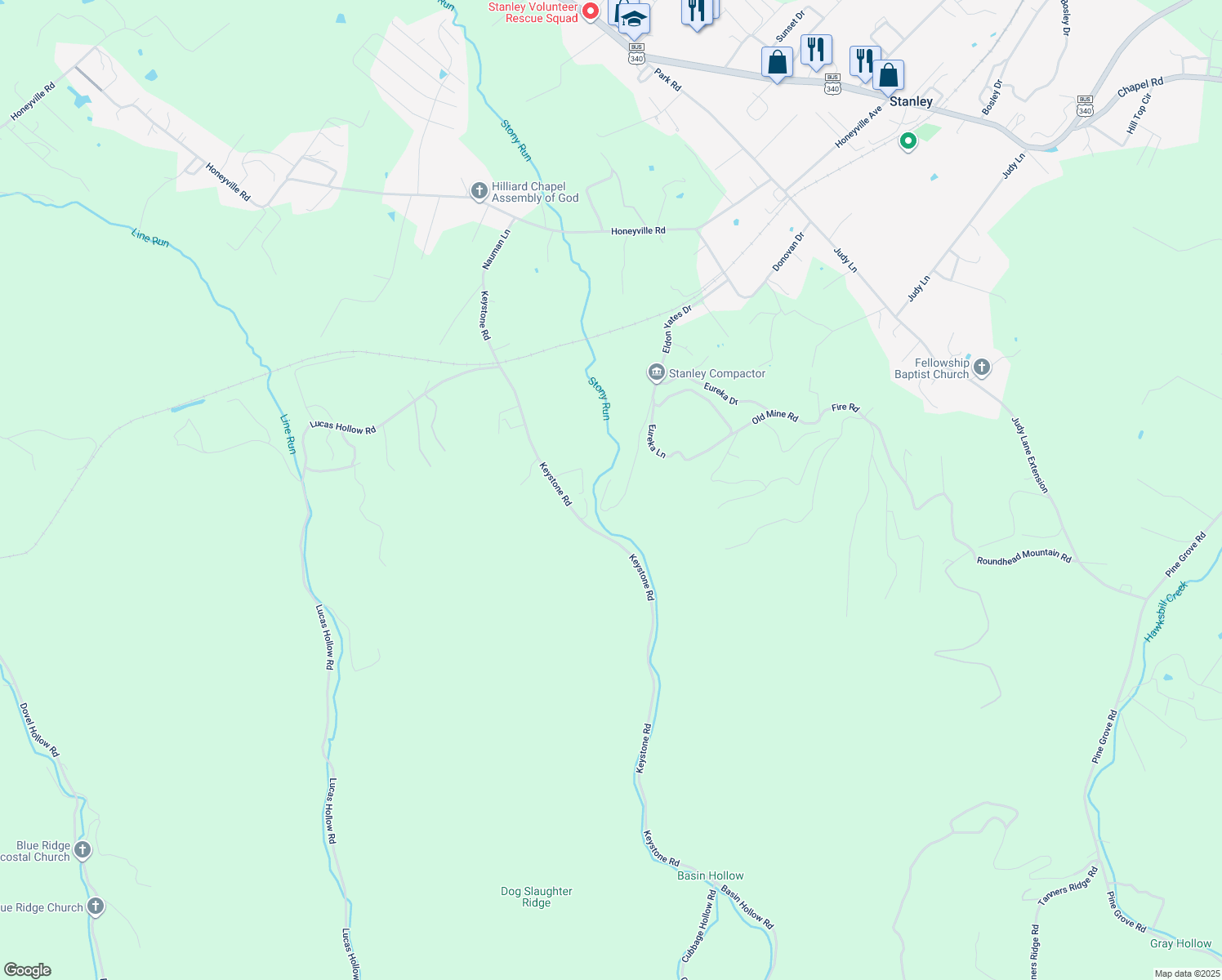 map of restaurants, bars, coffee shops, grocery stores, and more near 1040 Eldon Yates Drive in Stanley