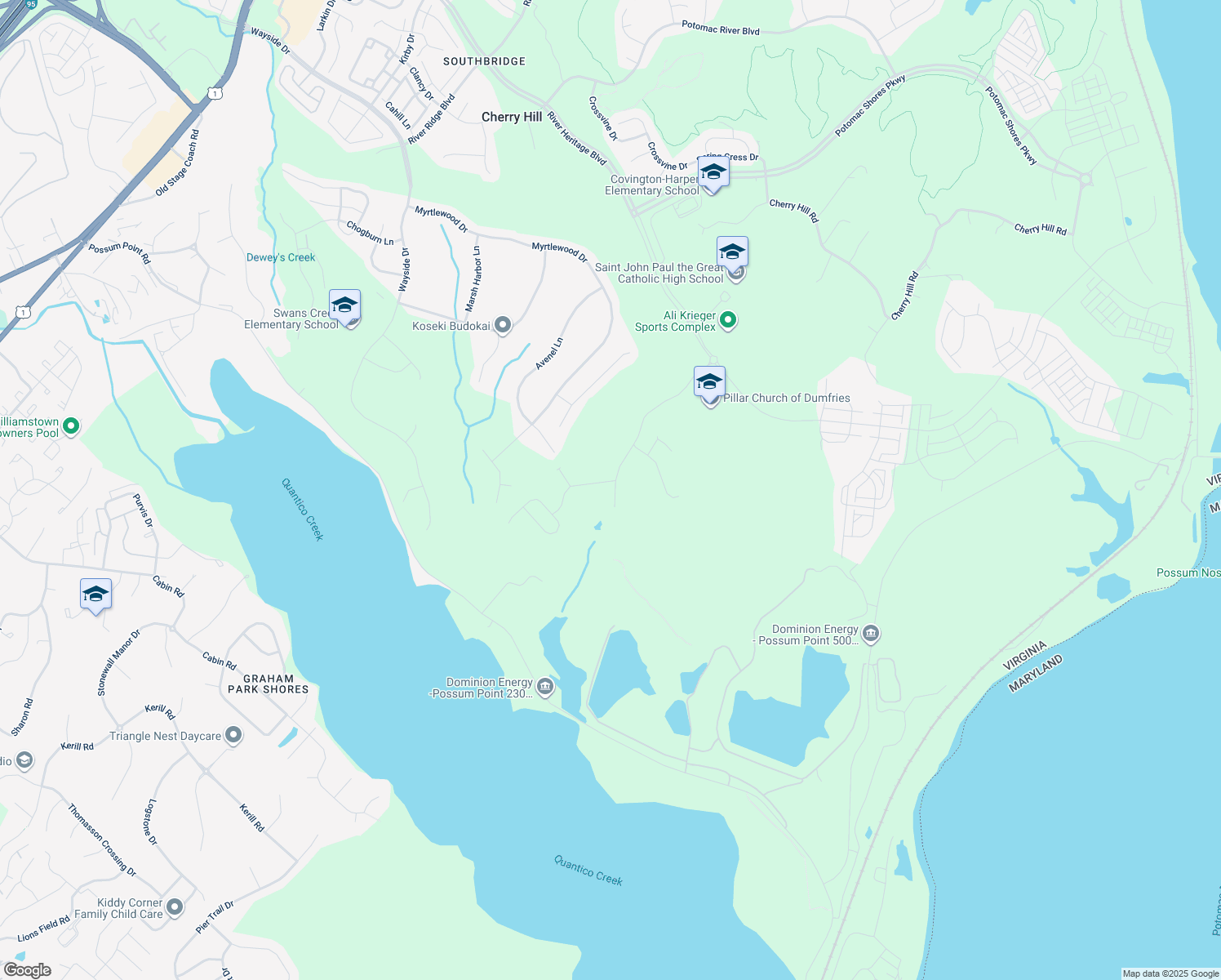map of restaurants, bars, coffee shops, grocery stores, and more near 18008 Woods View Drive in Dumfries