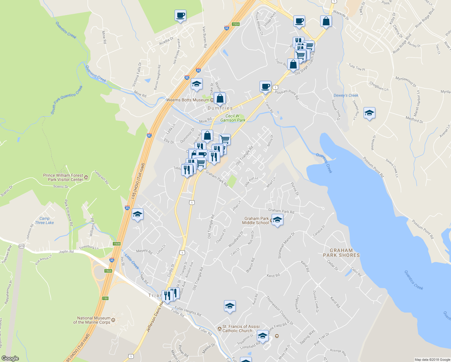 map of restaurants, bars, coffee shops, grocery stores, and more near 2610 Heth Court in Dumfries