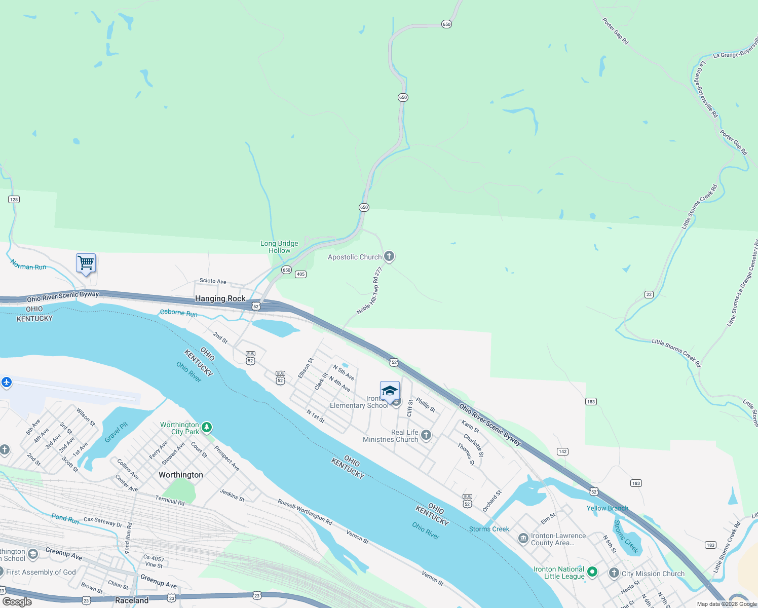 map of restaurants, bars, coffee shops, grocery stores, and more near 230 Township Road 277 in Ironton