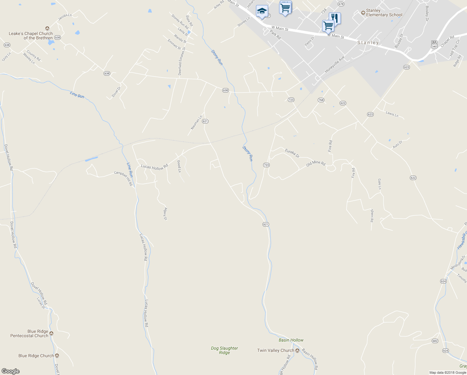 map of restaurants, bars, coffee shops, grocery stores, and more near 749 Keystone Road in Stanley