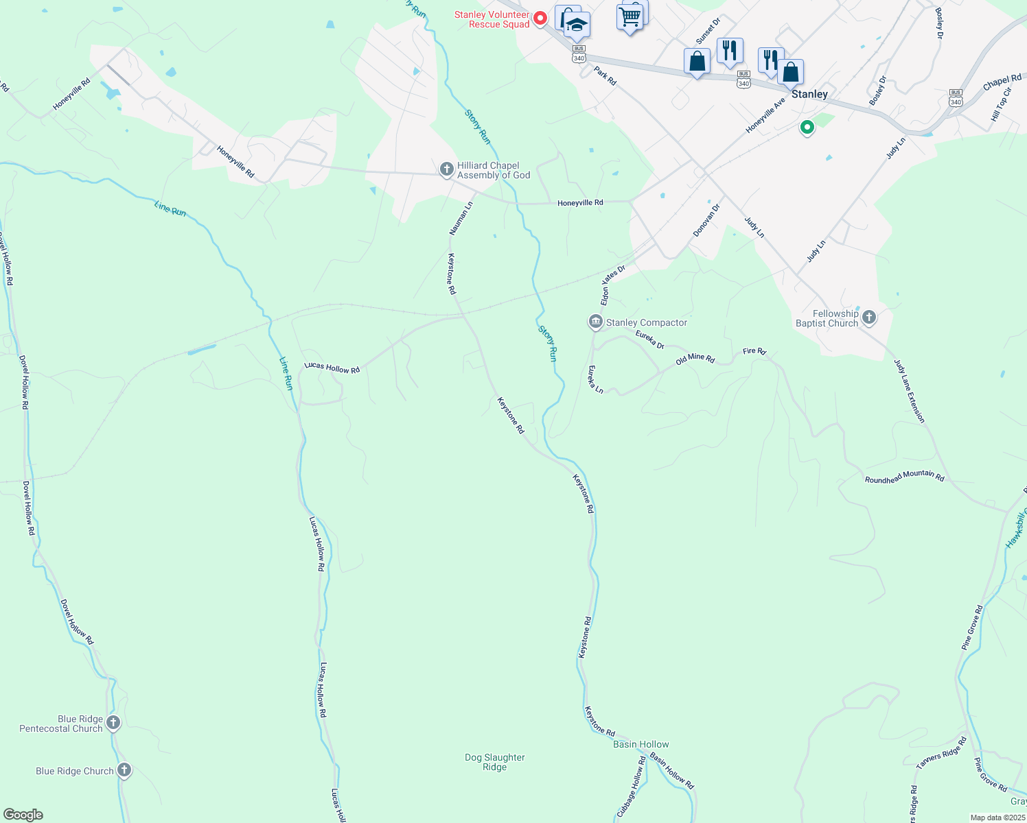 map of restaurants, bars, coffee shops, grocery stores, and more near 749 Keystone Road in Stanley