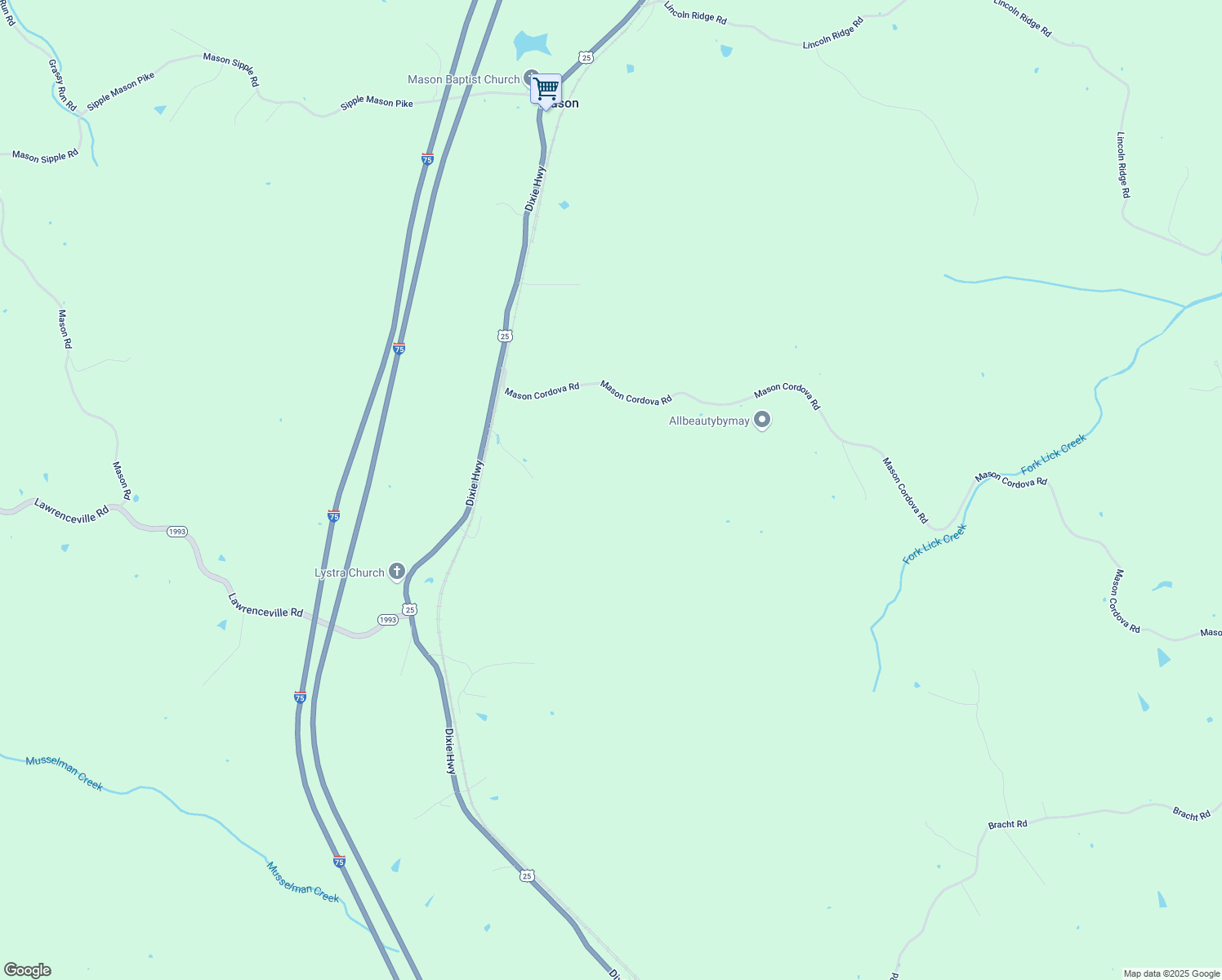 map of restaurants, bars, coffee shops, grocery stores, and more near Mason Cordova Road in Corinth