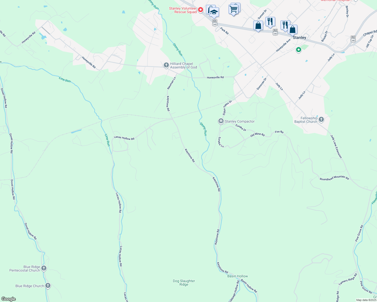 map of restaurants, bars, coffee shops, grocery stores, and more near 681 Keystone Road in Stanley