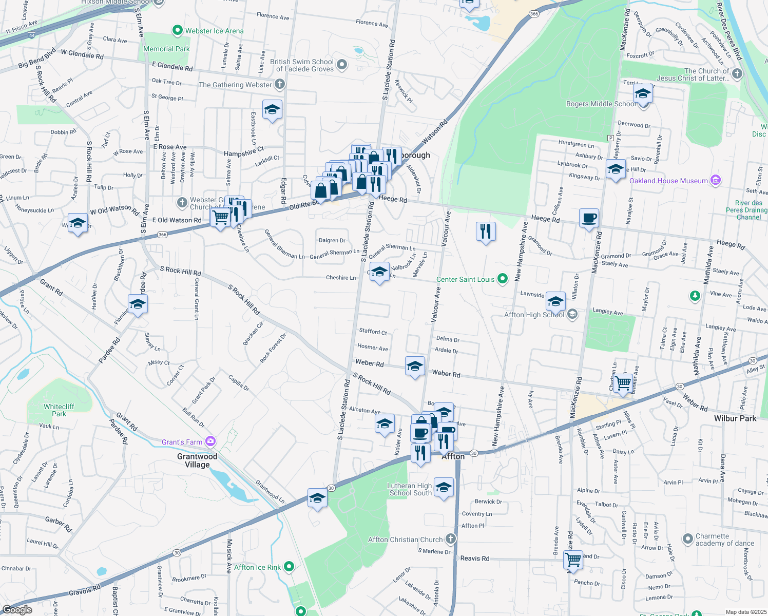 map of restaurants, bars, coffee shops, grocery stores, and more near 7208 Waterford Drive in Affton