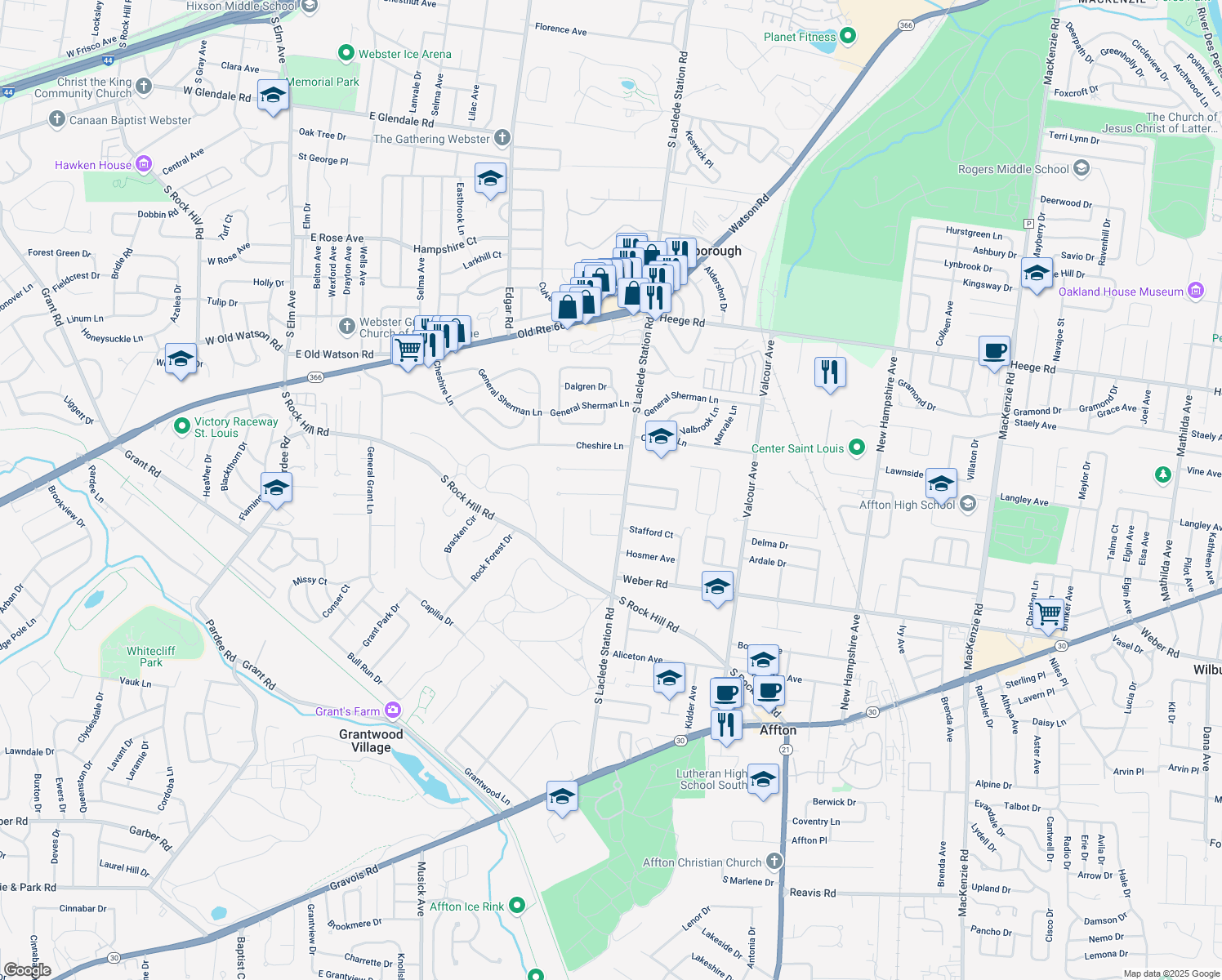 map of restaurants, bars, coffee shops, grocery stores, and more near 7315 Idamor Lane in Affton