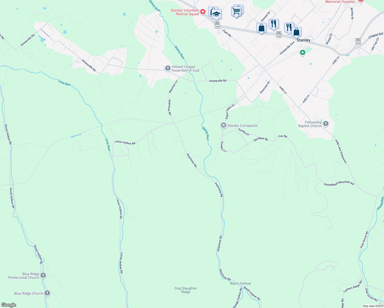 map of restaurants, bars, coffee shops, grocery stores, and more near 687 Keystone Road in Stanley