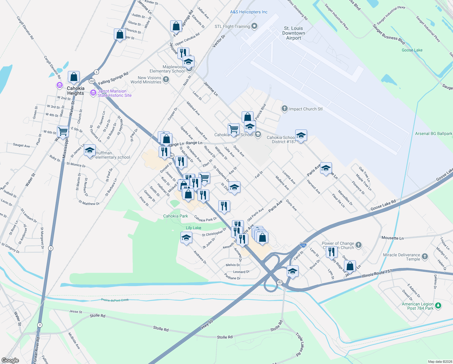 map of restaurants, bars, coffee shops, grocery stores, and more near 1304 Upper Cahokia Road in Cahokia