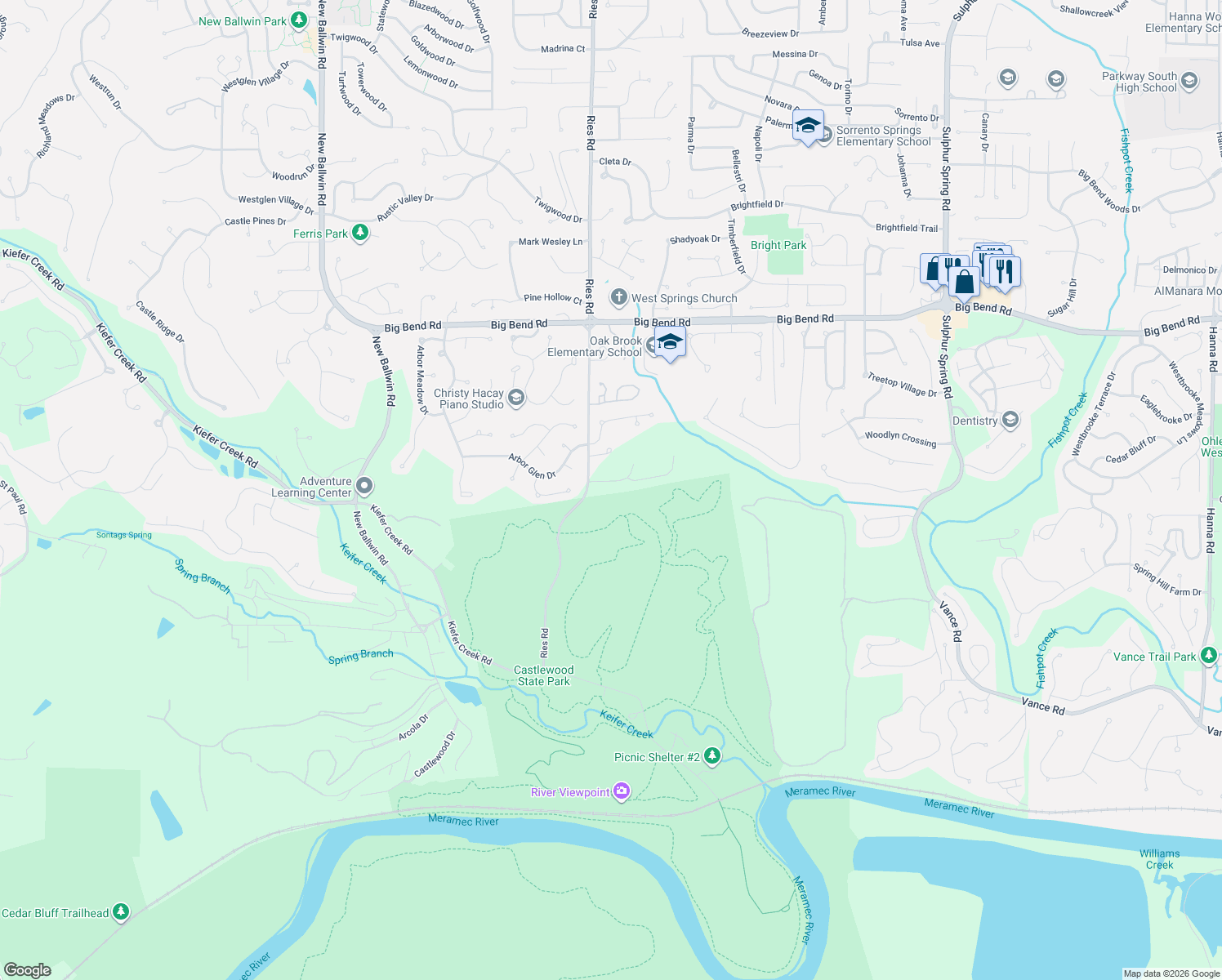 map of restaurants, bars, coffee shops, grocery stores, and more near 700 Ries Road in Ballwin