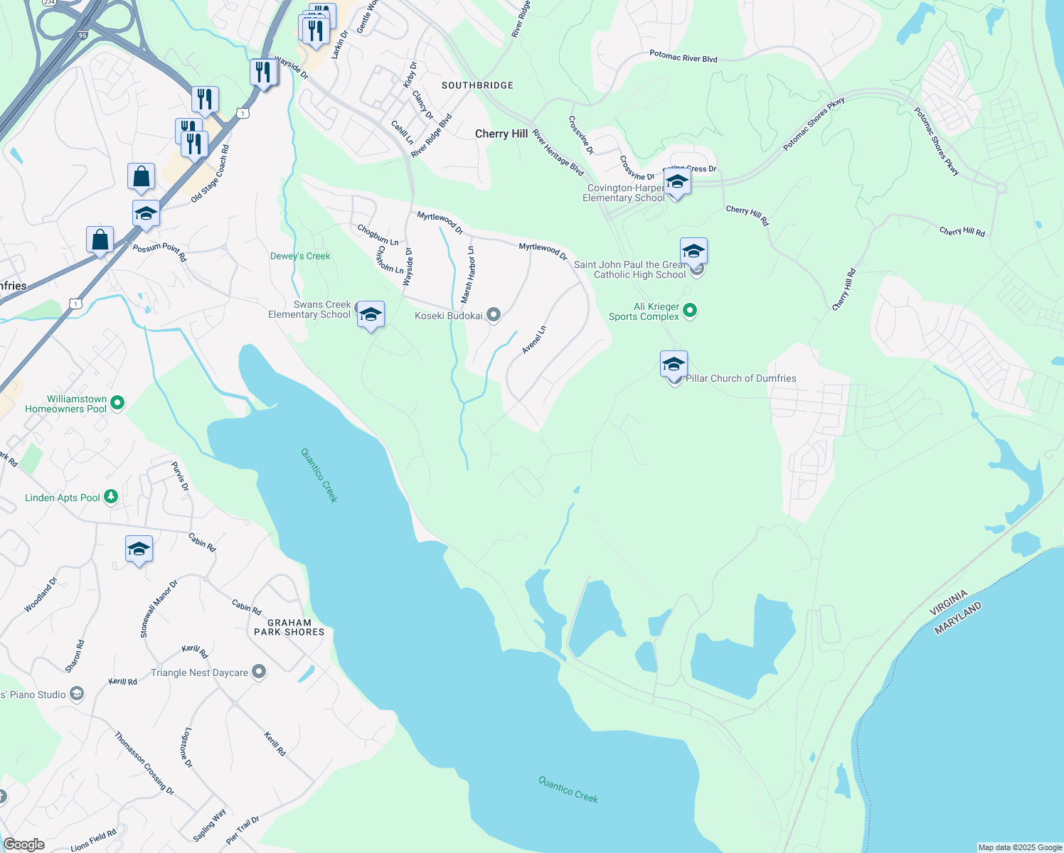 map of restaurants, bars, coffee shops, grocery stores, and more near 18016 Dunes Court in Dumfries