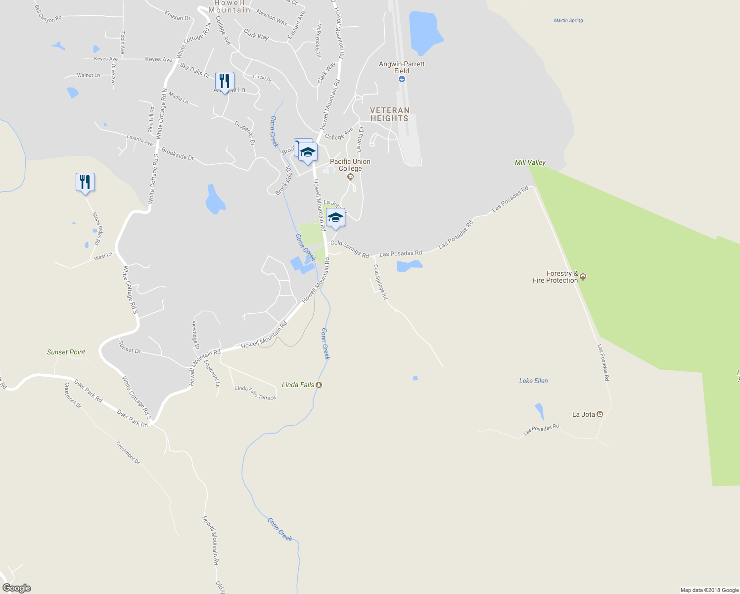 map of restaurants, bars, coffee shops, grocery stores, and more near 180 Winding Way in Angwin