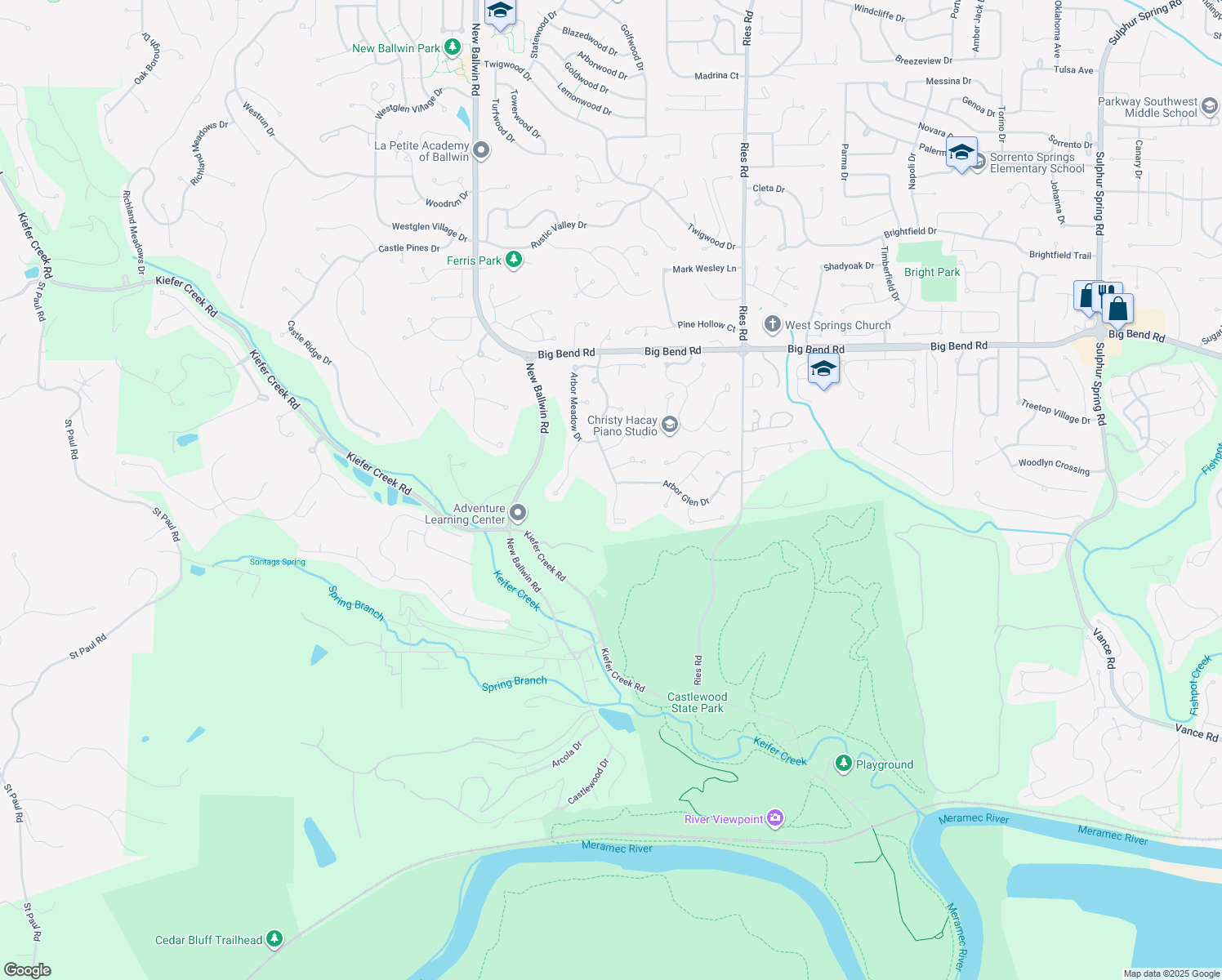 map of restaurants, bars, coffee shops, grocery stores, and more near 727 Arbor Haven Drive in Ballwin