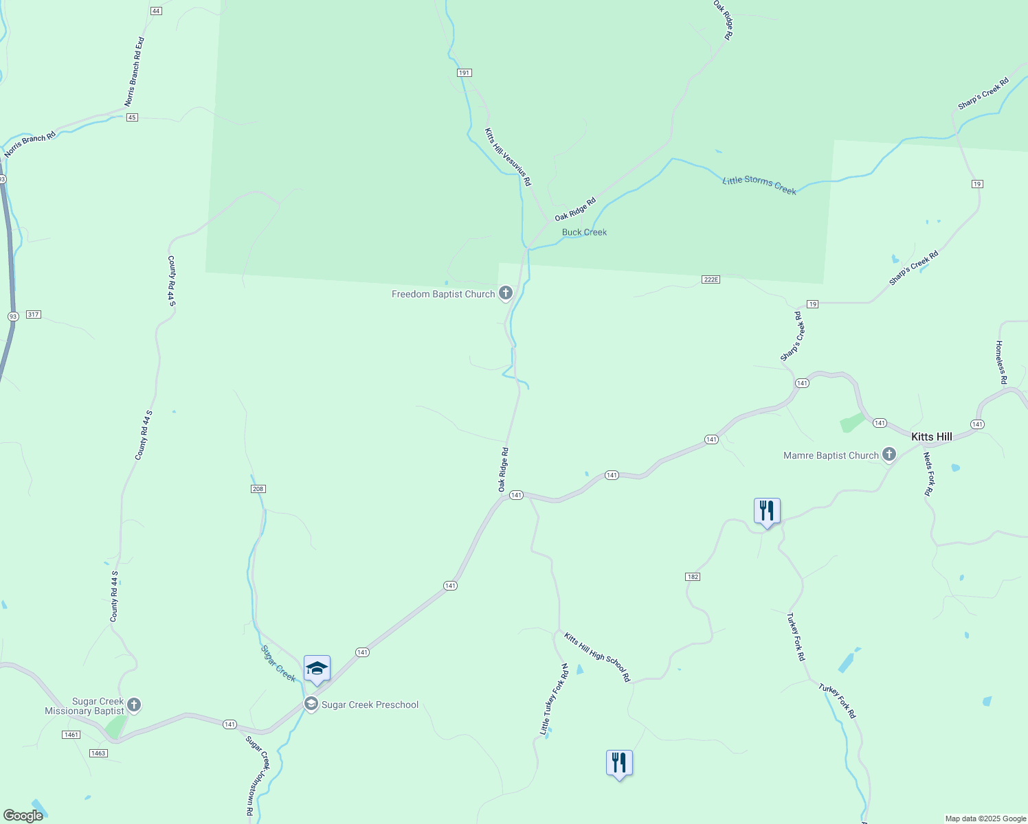 map of restaurants, bars, coffee shops, grocery stores, and more near 263 County Road 5 in Kitts Hill