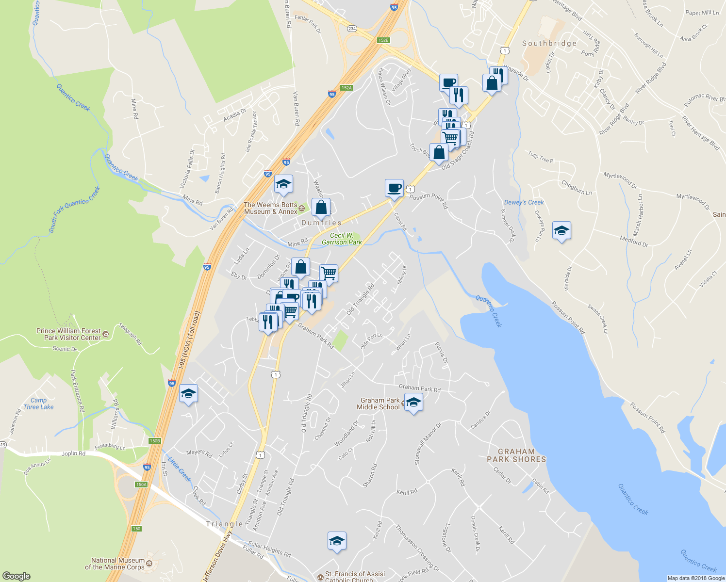 map of restaurants, bars, coffee shops, grocery stores, and more near 1602 Fort Fisher Court in Dumfries