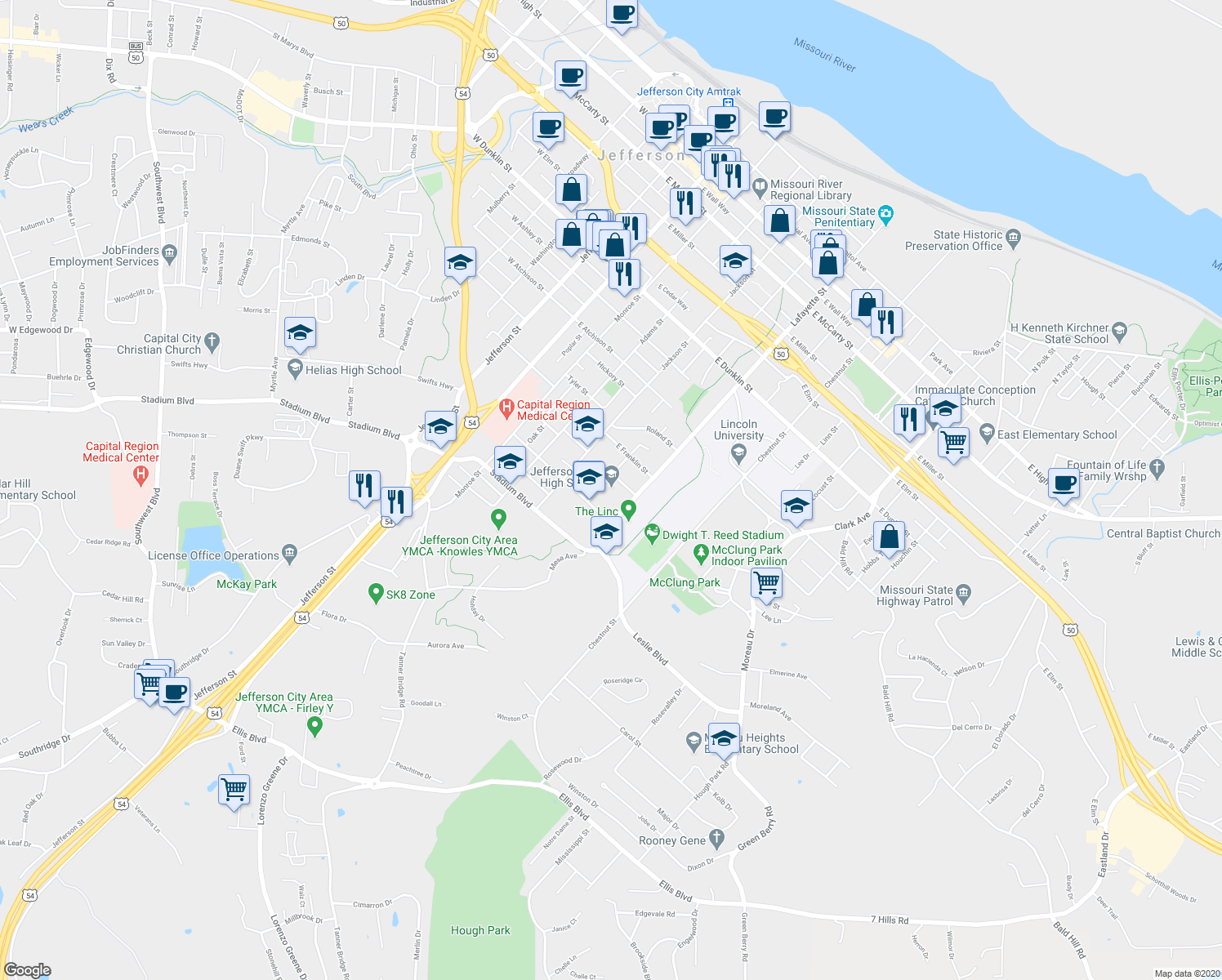 map of restaurants, bars, coffee shops, grocery stores, and more near 609 Union Street in Jefferson City