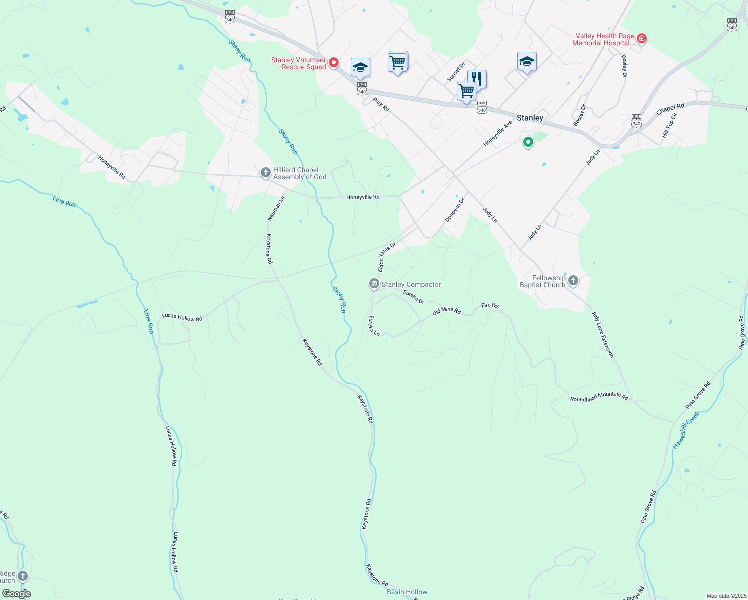 map of restaurants, bars, coffee shops, grocery stores, and more near 1040 Eldon Yates Drive in Stanley