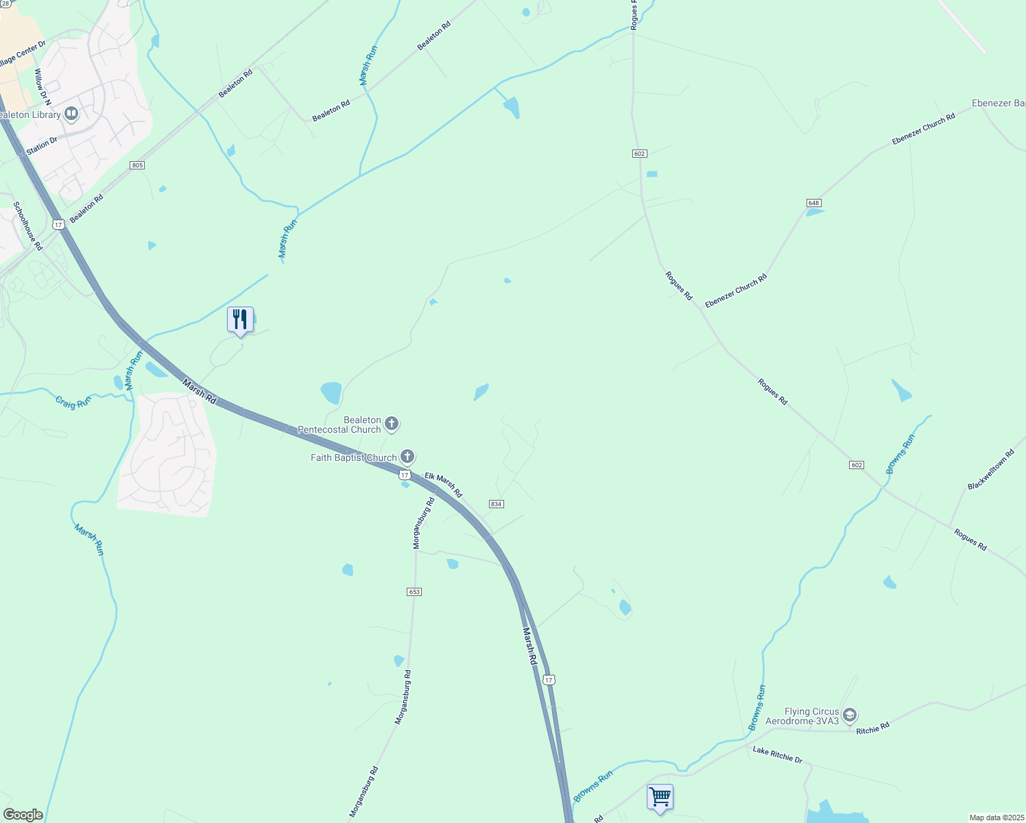 map of restaurants, bars, coffee shops, grocery stores, and more near 11404 Old Morgansburg Road in Bealeton