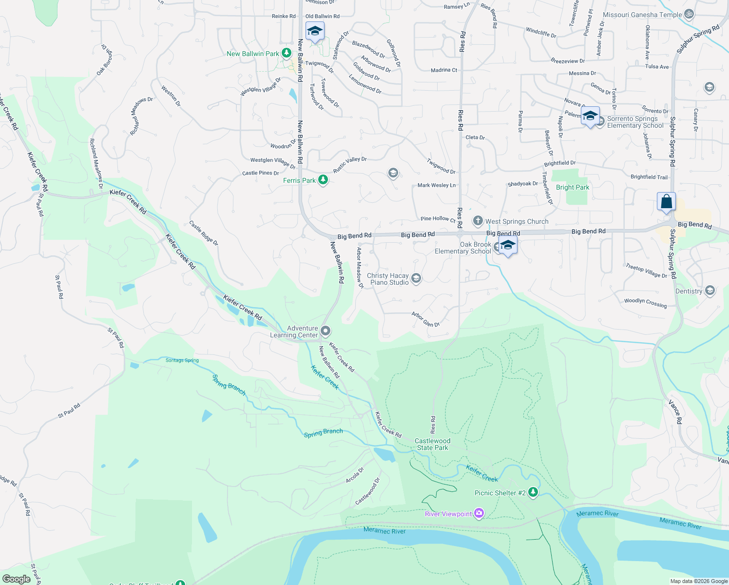 map of restaurants, bars, coffee shops, grocery stores, and more near 581 Arbor Meadow Drive in Ballwin
