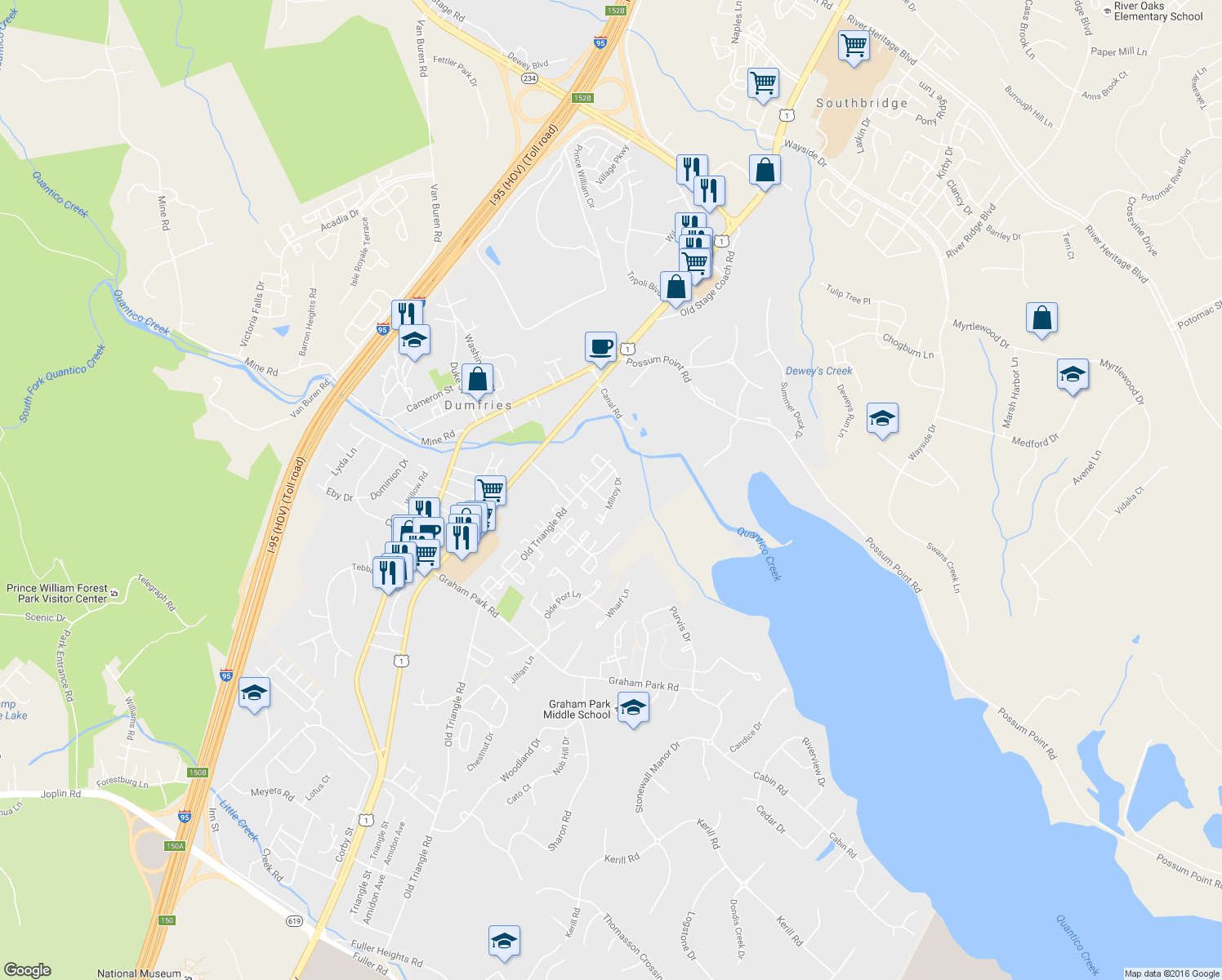 map of restaurants, bars, coffee shops, grocery stores, and more near 17904 Milroy Drive in Dumfries
