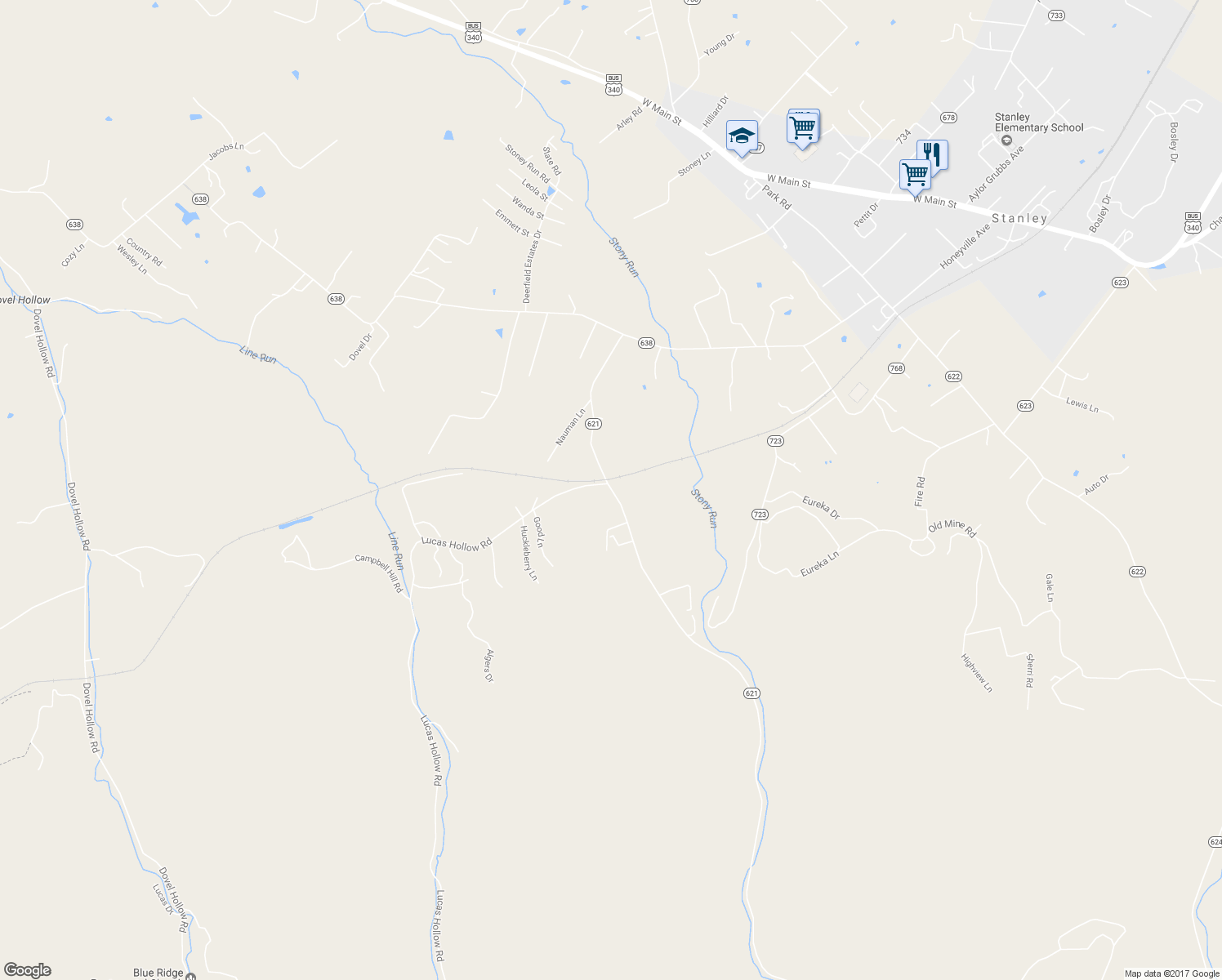map of restaurants, bars, coffee shops, grocery stores, and more near 581 Keystone Road in Stanley
