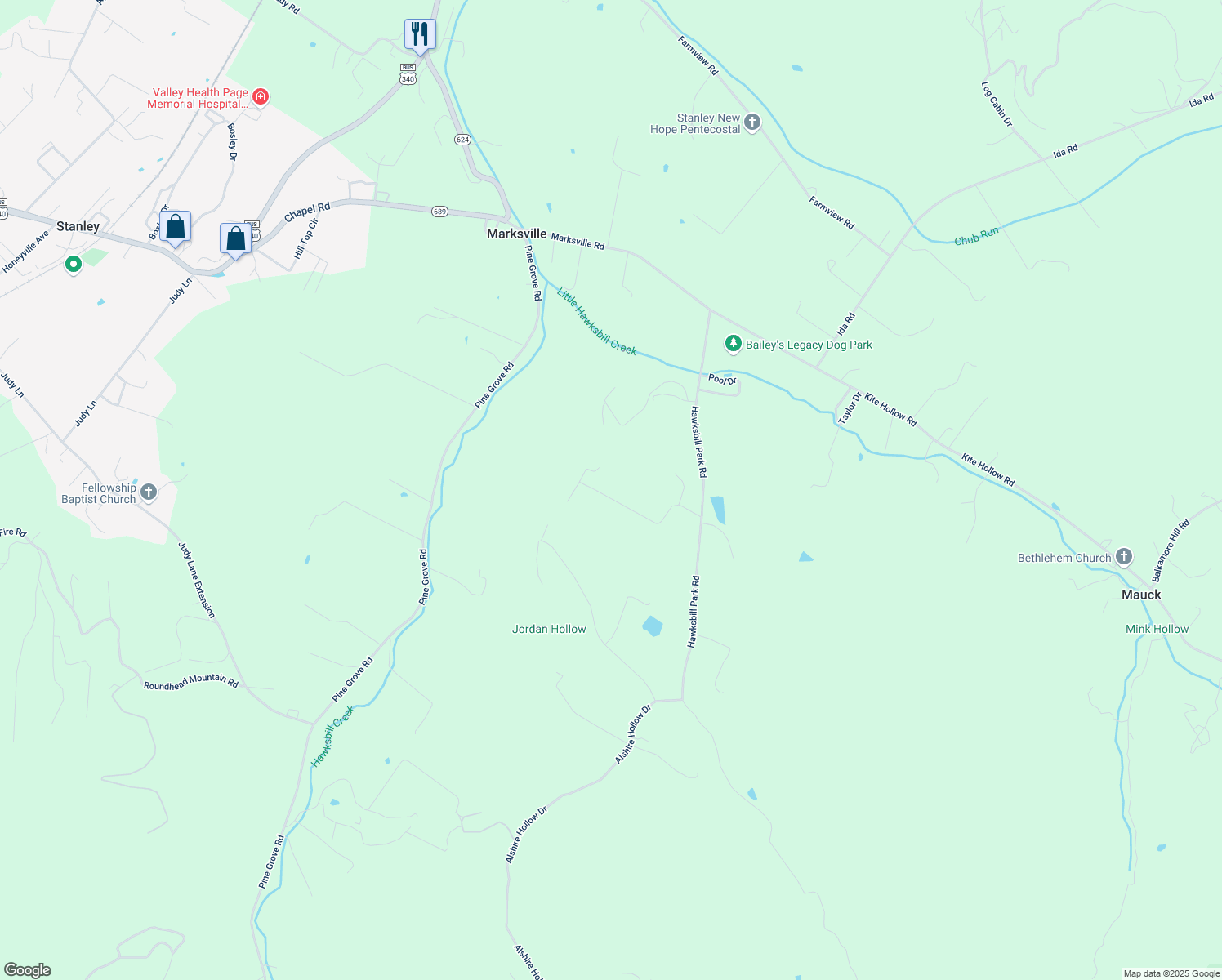 map of restaurants, bars, coffee shops, grocery stores, and more near 181 Hawksbill Pines Road in Stanley