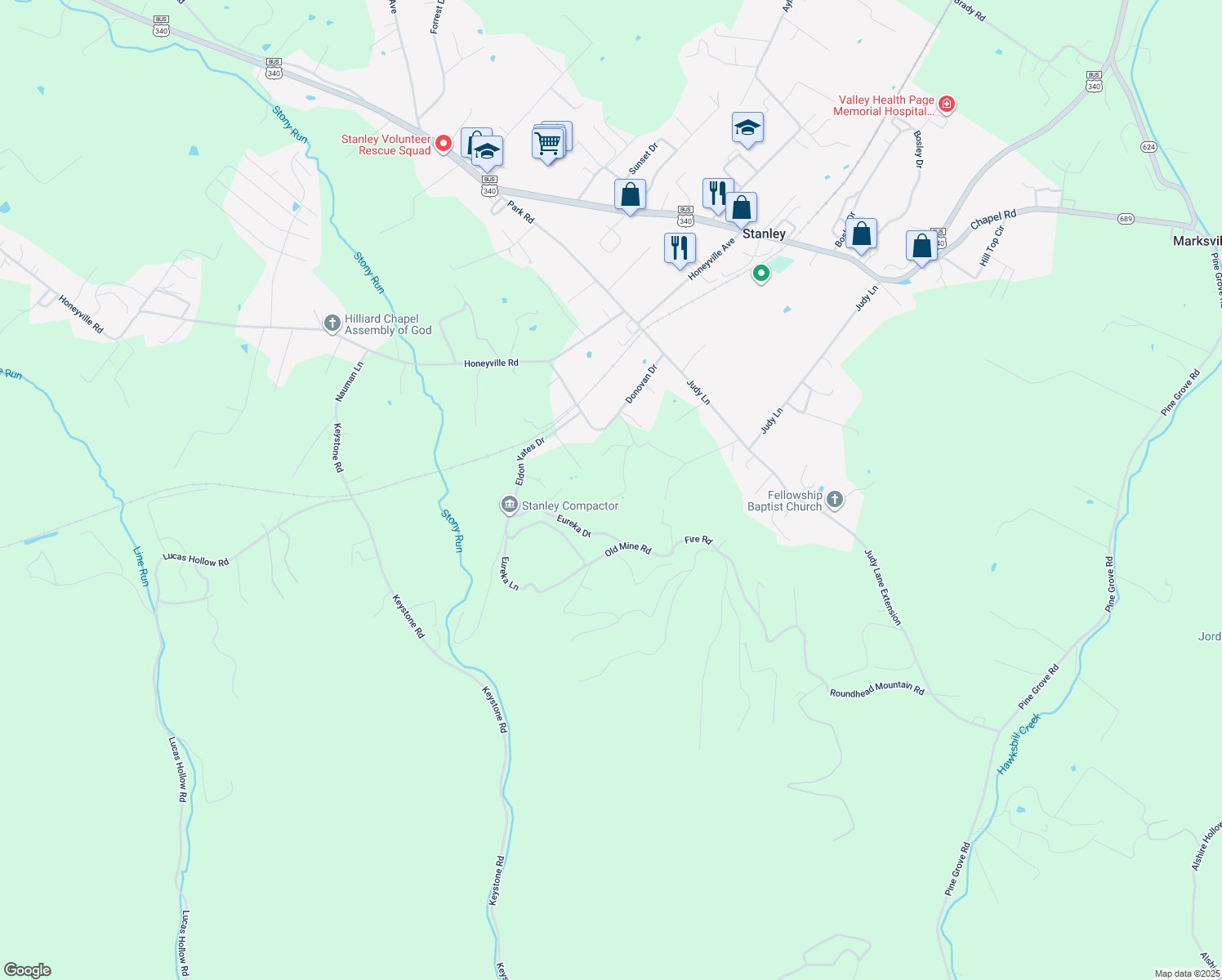 map of restaurants, bars, coffee shops, grocery stores, and more near 204 Little Roundhead Drive in Stanley